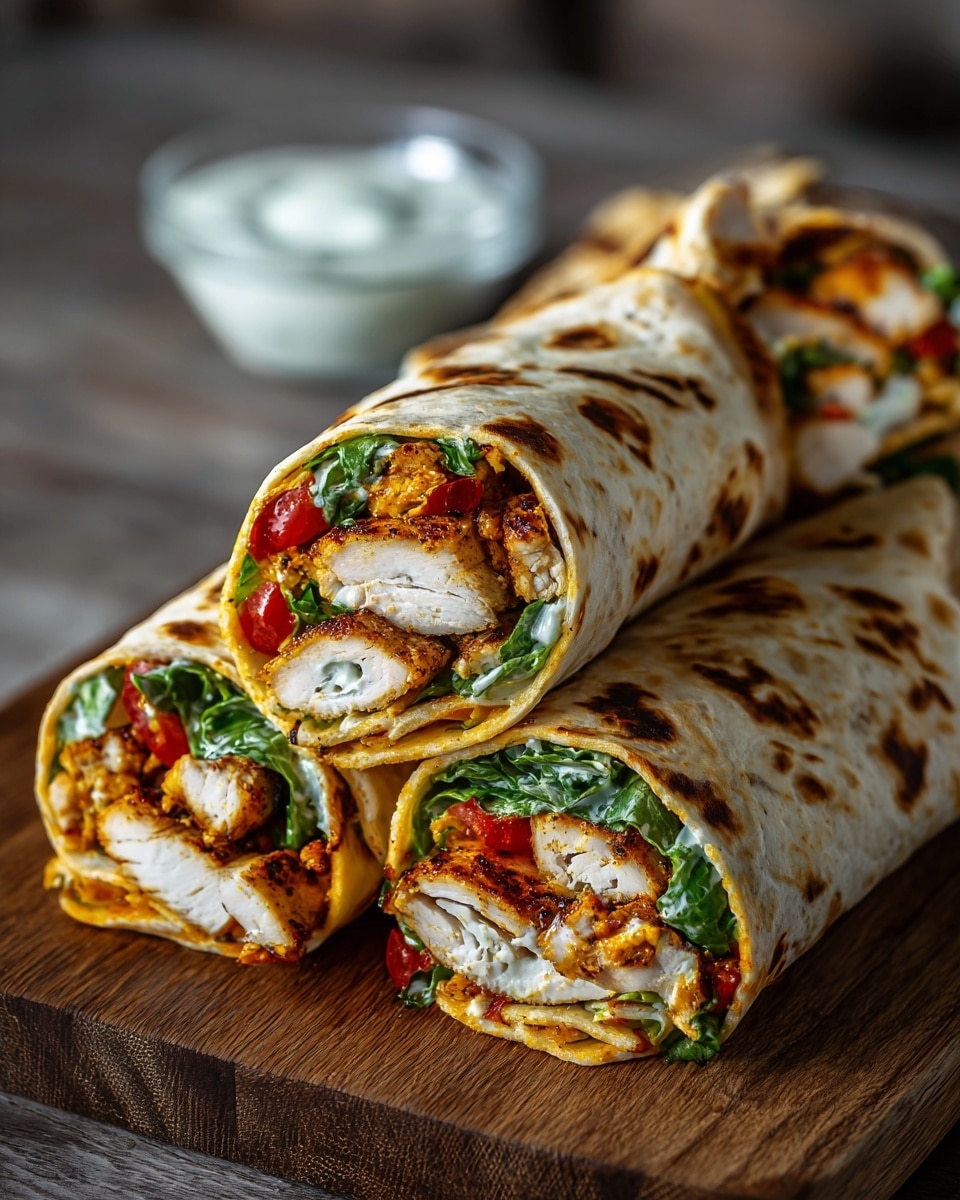 The image shows four tightly rolled wraps stacked on a wooden board, each with a golden to lightly charred tortilla. Inside each wrap, there are thick pieces of grilled chicken with a slightly browned surface, bright green leafy lettuce, small red tomato chunks, and a creamy white sauce visible near the open ends. The wraps are cut to reveal the colorful, textured fillings layered inside. In the background, there is a small clear bowl with white sauce on a white marbled surface, slightly out of focus. The setting is cozy and rustic, with the focus on the vibrant and fresh look of the wraps. photo taken with an iphone --ar 4:5 --v 7