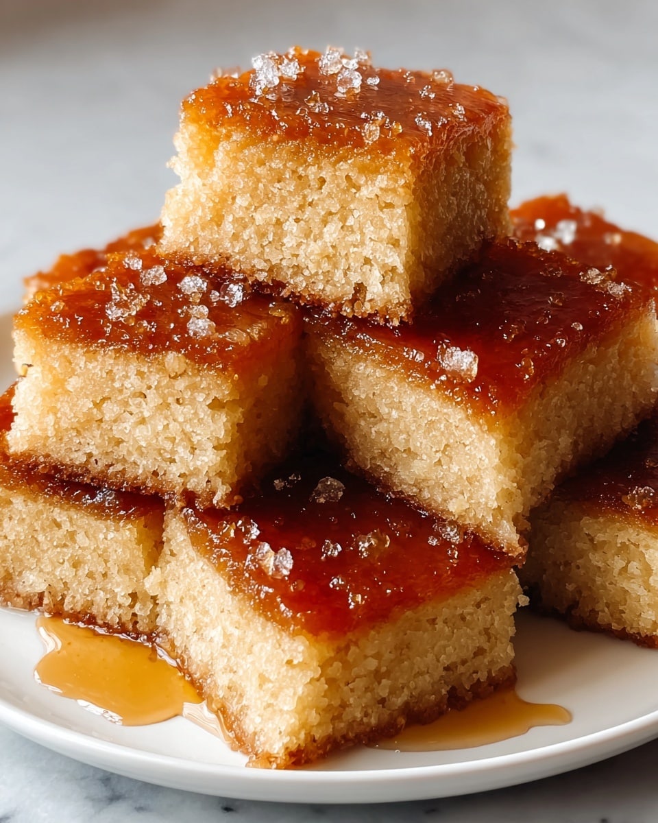 The image shows several square pieces of cake stacked on a white plate. Each piece has two layers: a light tan, soft, and spongy bottom layer, and a shiny, sticky, dark golden-brown top layer that looks syrupy with some sugar crystals on it. Some syrup droplets are visible on the plate, adding a glossy look to the scene. The cakes are arranged in a slightly uneven pile, showing their texture and moisture clearly on a white marbled surface. Photo taken with an iphone --ar 4:5 --v 7