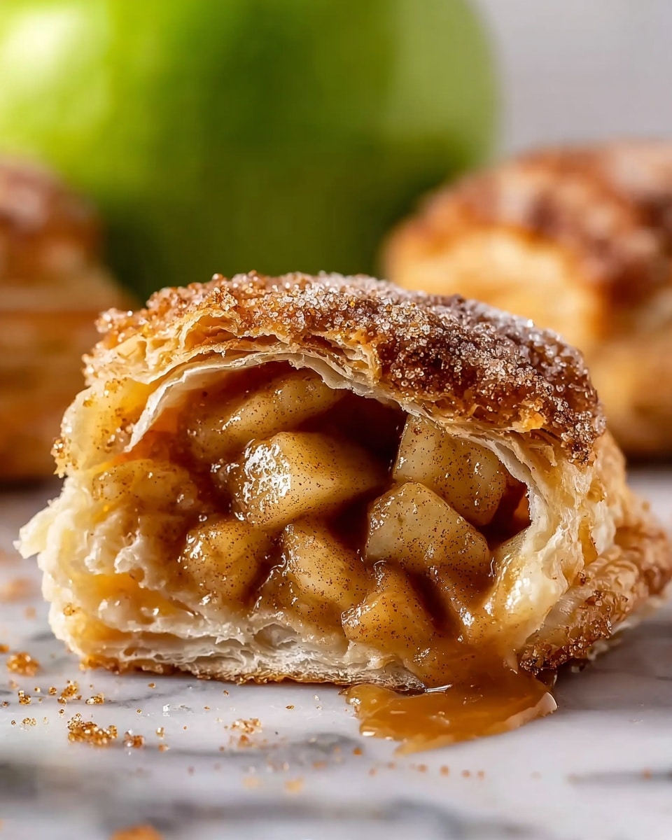 A close-up of a pastry showing a partial bite, revealing three main layers: the outer layer is golden-brown and flaky with a thick coating of coarse sugar and cinnamon, the middle layer consists of soft, shiny baked apple chunks with visible cinnamon specks, and the bottom layer is a light puff pastry base. The apple filling is juicy, slightly oozing caramel-like syrup. In the background, a blurred green apple and another cinnamon sugar-coated pastry can be seen on a white marbled surface. Photo taken with an iphone --ar 4:5 --v 7