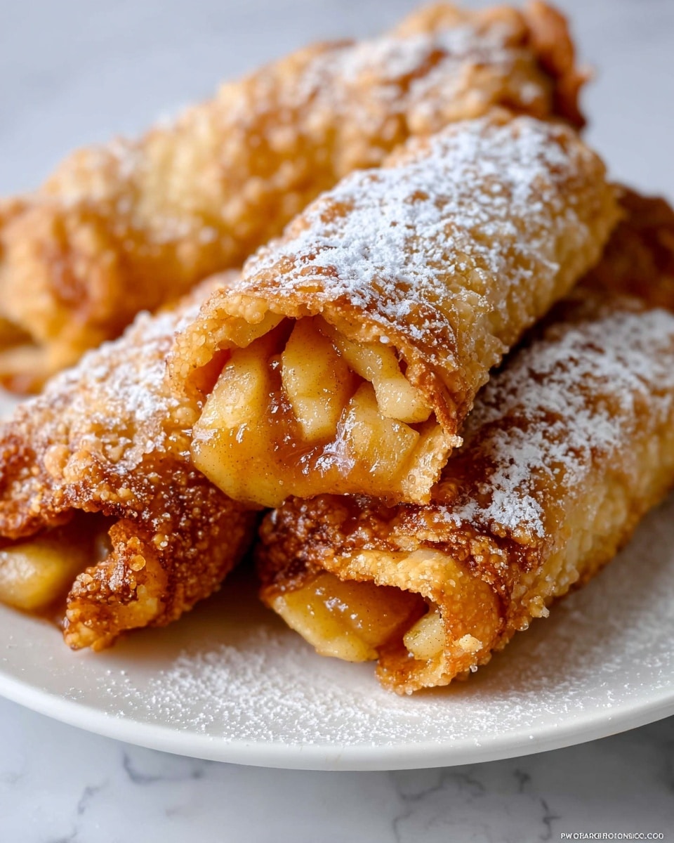 The image shows a white plate filled with five golden-brown, crispy fried rolls stacked closely with some overlapping. Each roll has a textured surface with tiny bubbles and is sprinkled with powdered white sugar, giving a light dusting effect on top. In the background, there are three green apples slightly out of focus, and a small white bowl holds a dollop of white whipped cream. The scene is set against a white marbled surface. photo taken with an iphone --ar 4:5 --v 7