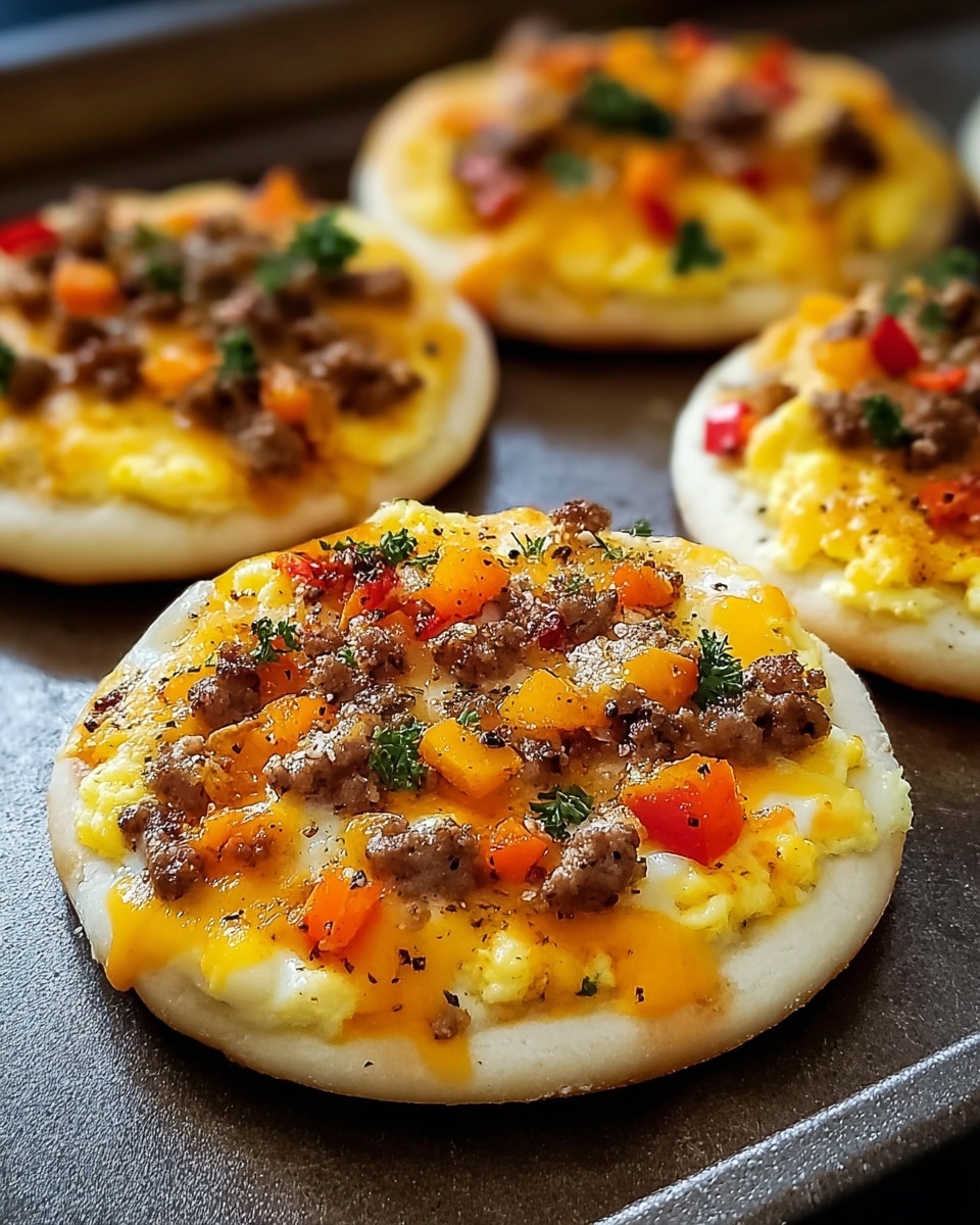 The image shows small round pizzas with three layers. The base is soft pale dough with a smooth texture and slightly raised edges. The middle layer is bright yellow scrambled egg or cheese melted evenly over the dough. On top, there are small chunks of browned ground meat scattered widely, along with diced red and orange bell peppers adding bright spots of color. Some green parsley pieces are sprinkled for freshness, and tiny black pepper dots are spread on the surface. The pizzas are placed on a dark metallic tray, which contrasts with the food. photo taken with an iphone --ar 4:5 --v 7