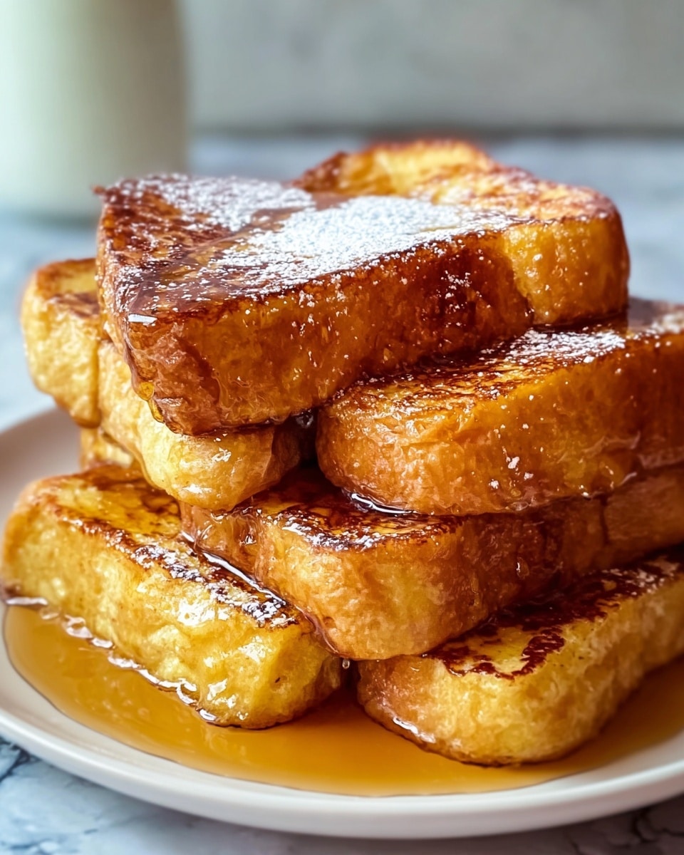 A close-up view of four thick pieces of golden-brown French toast stacked on a white plate. Each piece shows a crispy, caramelized texture with slightly darker edges. There is a light dusting of powdered sugar on top of the toast, and syrup glistens as it drips down the sides, pooling at the base on the plate. The background shows a blurred white marbled surface with soft natural light. photo taken with an iphone --ar 4:5 --v 7