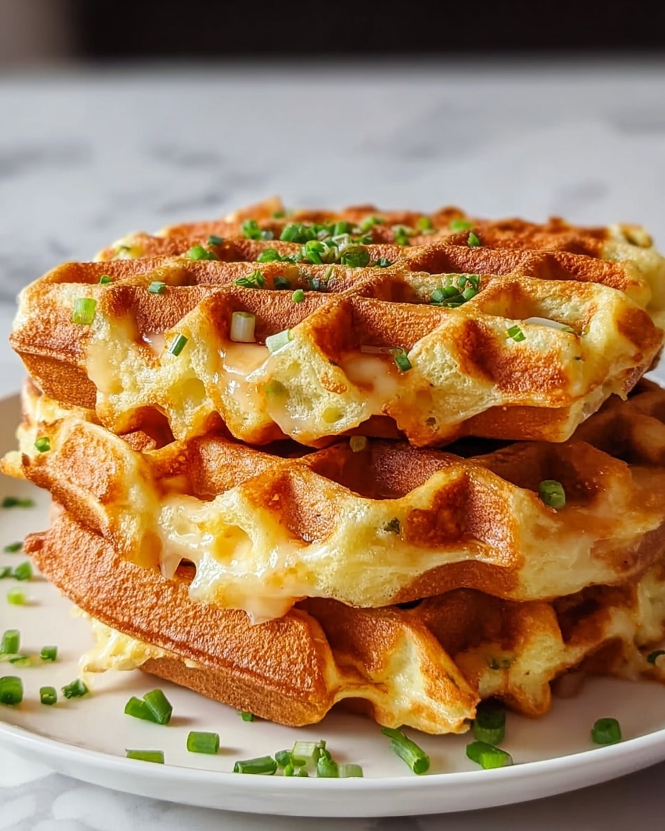 A stack of three thick golden-brown waffles is placed on a white plate, each waffle showing a crisp, textured outer surface with small pockets and a slightly shiny appearance. The top waffle has some melted cheese oozing from the edges, giving a soft yellow contrast to the warm brown layers. Small pieces of chopped green chives are scattered on the waffles and the plate, adding a touch of green. The background shows a white marbled texture with slight blurs of green and white in the distance. photo taken with an iphone --ar 4:5 --v 7