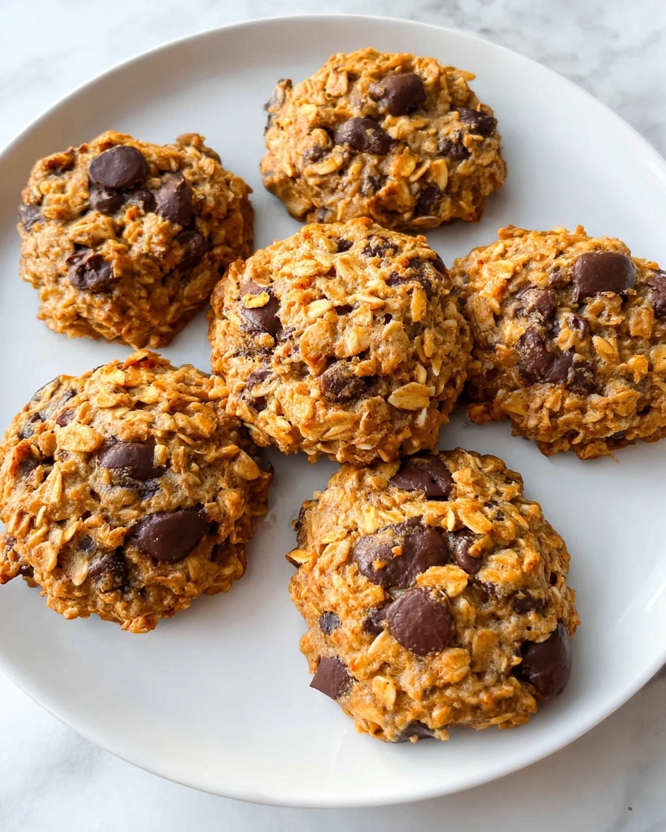 The image shows six homemade oatmeal cookies with chocolate chips placed on a white plate. Each cookie is round but slightly uneven in shape, featuring visible layers of golden-brown oats mixed with dark brown chocolate chips embedded throughout. The cookies have a rough texture with some oats sticking out, making them look chewy and hearty. The plate sits on a white marbled surface, giving a clean and bright background to the warm colors of the cookies. photo taken with an iphone --ar 4:5 --v 7