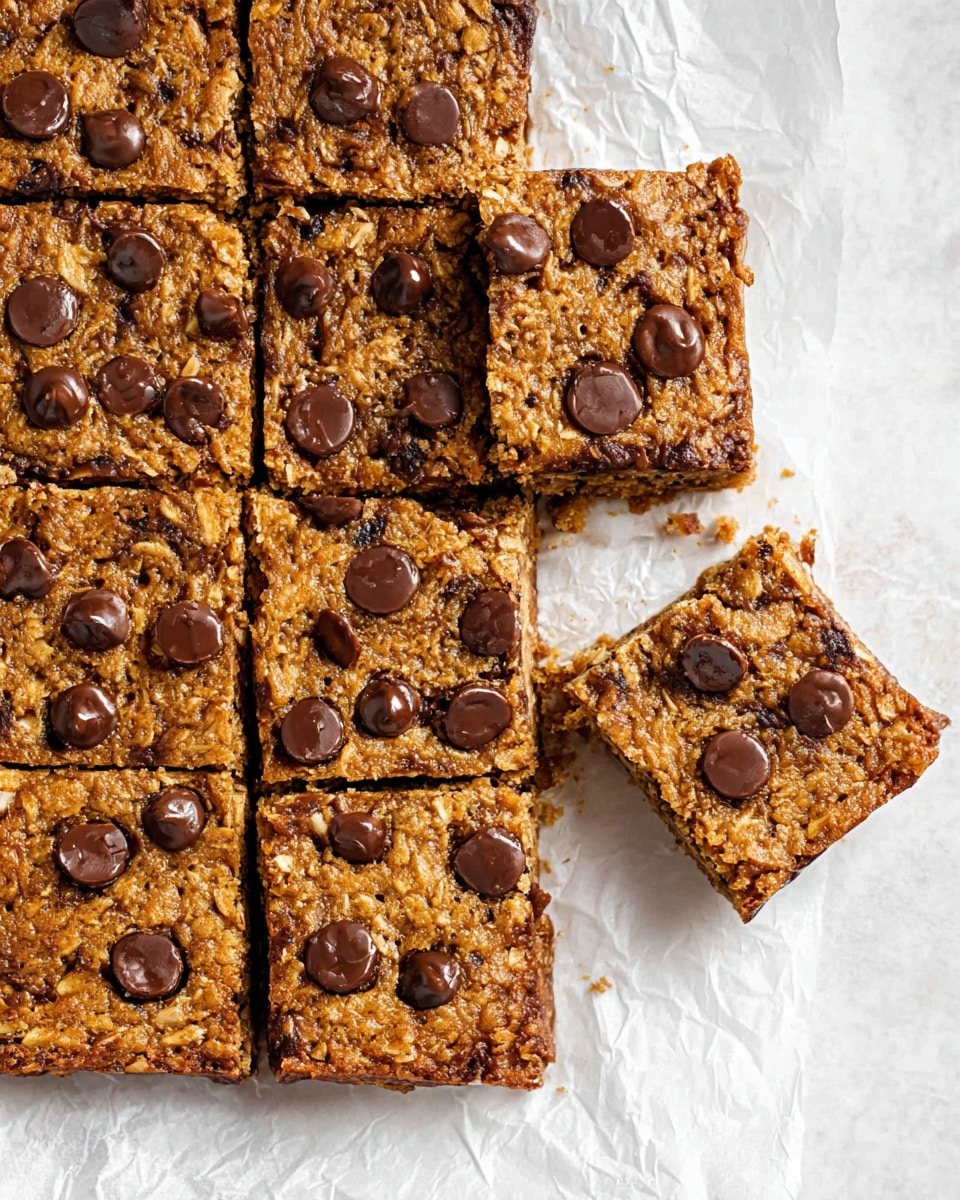 A tray of baked oat bars cut into nine square pieces is shown on crinkled white parchment paper over a white marbled surface. Each bar is one layer thick with a golden-brown, slightly rough texture speckled with visible oats and semi-melted dark brown chocolate chips evenly scattered on top. Two bars are slightly pulled away from the main tray, revealing a moist, soft interior that matches the top’s golden hue and dense texture. The overall look is warm and inviting, highlighting the shiny, glossy chocolate chips on top. photo taken with an iphone --ar 4:5 --v 7