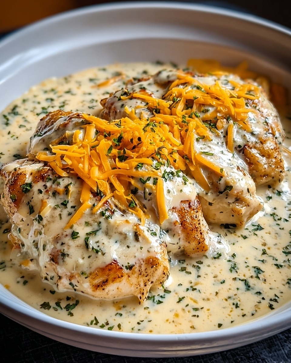 The image shows a white plate filled with several pieces of golden-brown cooked chicken arranged side by side. The chicken is covered with a thick cream sauce that has specks of green herbs throughout. On top of the sauce and chicken, there are thin, shredded pieces of bright orange cheese slightly melting. The dish has a rich and creamy texture, with the sauce pooling around the chicken on the plate. The plate is set on a white marbled surface. photo taken with an iphone --ar 4:5 --v 7
