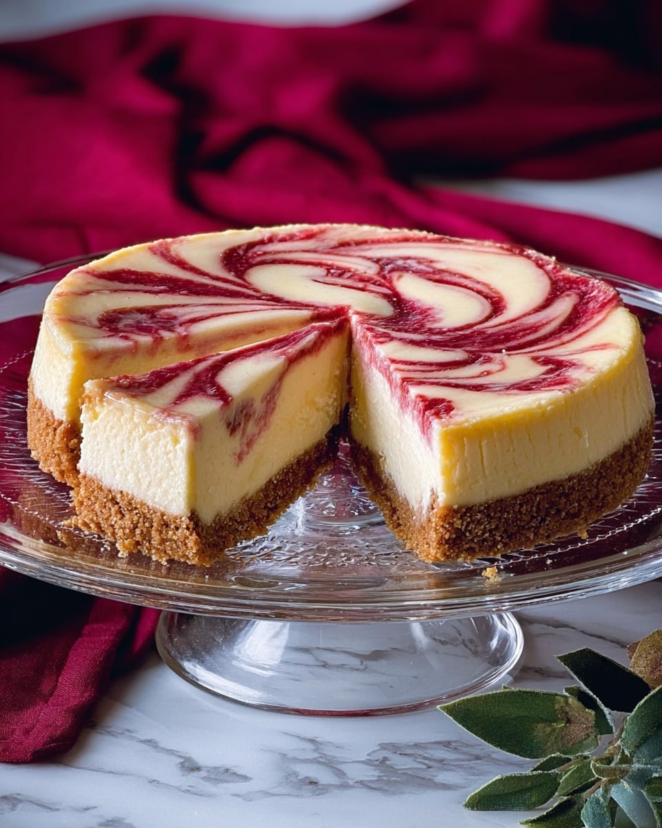 The image shows a round cheesecake on a clear glass cake stand, with one slice cut out. The cake has three layers: the bottom layer is a crumbly brown crust, the middle layer is thick and creamy pale yellow cheesecake, and the top layer shows a white cream with red swirled patterns creating a marbled effect. The texture of the cheesecake looks smooth and soft. The background is a white marbled surface with a deep red cloth draped behind the cake, and there are some green leaves visible next to the cake stand. photo taken with an iphone --ar 4:5 --v 7