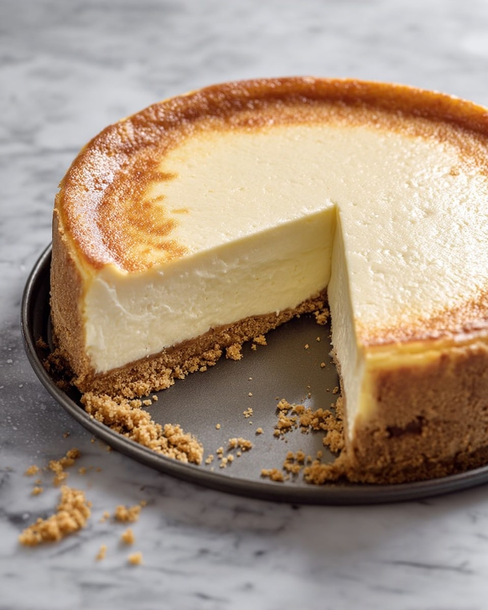 The image shows a round cheesecake with a golden-brown, slightly shiny top and a creamy off-white middle layer. The cheesecake has two main layers: a thick, smooth cream cheese layer in the center, and a crumbly light brown crust at the bottom. A large slice is missing, revealing the even texture and clean edges of the inner layers. The cheesecake rests in a dark metal springform pan with crumbs scattered around the empty space where the slice was removed. The setup is on a white marbled surface, giving a clean, bright look. Photo taken with an iphone --ar 4:5 --v 7