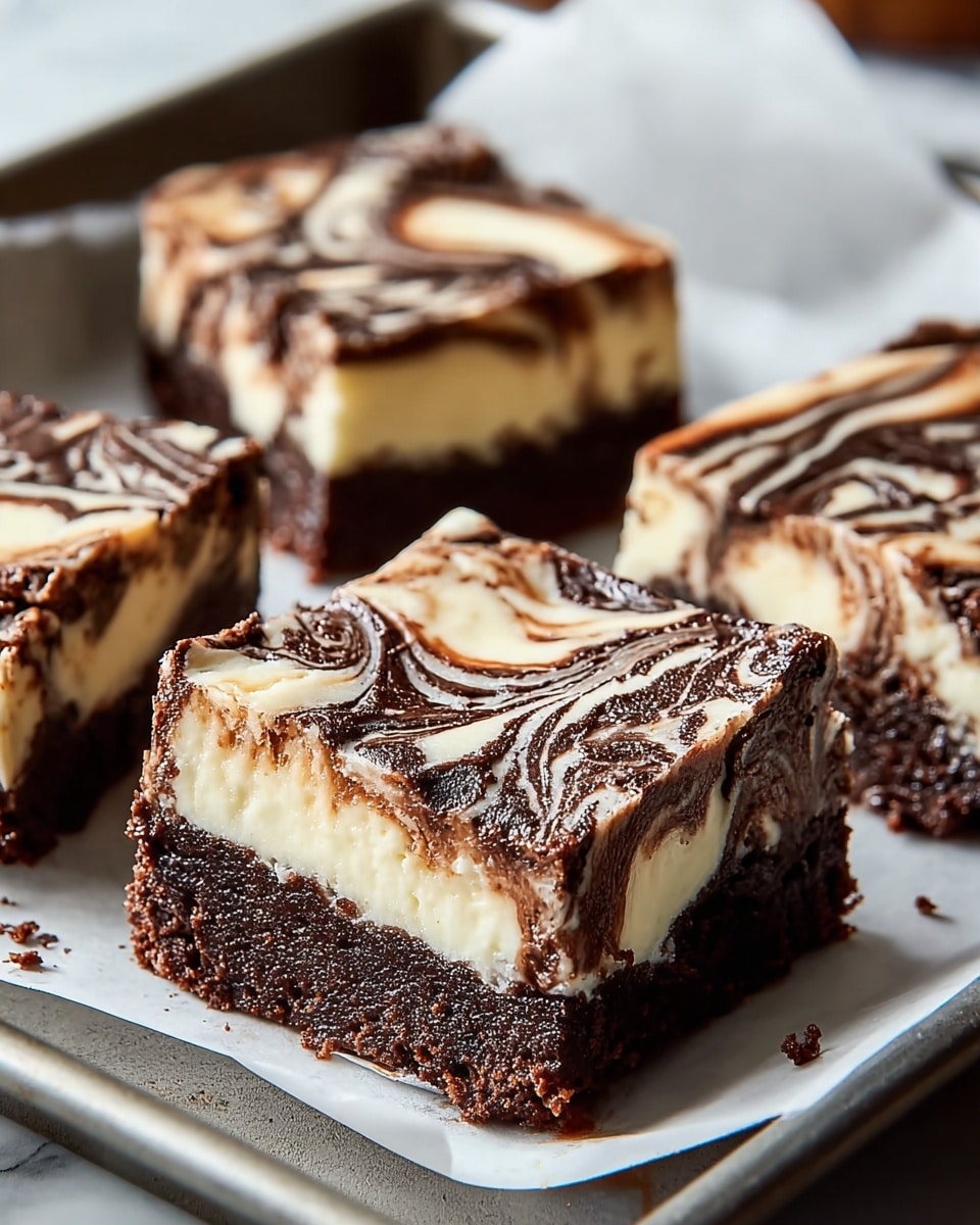 Four square dessert bars are placed closely together on white parchment paper inside a metal tray. Each bar has three layers: the bottom layer is thick and dark brown with a dense, fudgy texture; the middle layer is creamy white with a smooth, soft look; the top layer is a mix of swirled dark brown and creamy white, creating a marbled pattern with a shiny surface. The edges show some crumbs and slight unevenness, adding a homemade feel. The background is a white marbled texture. Photo taken with an iphone --ar 4:5 --v 7