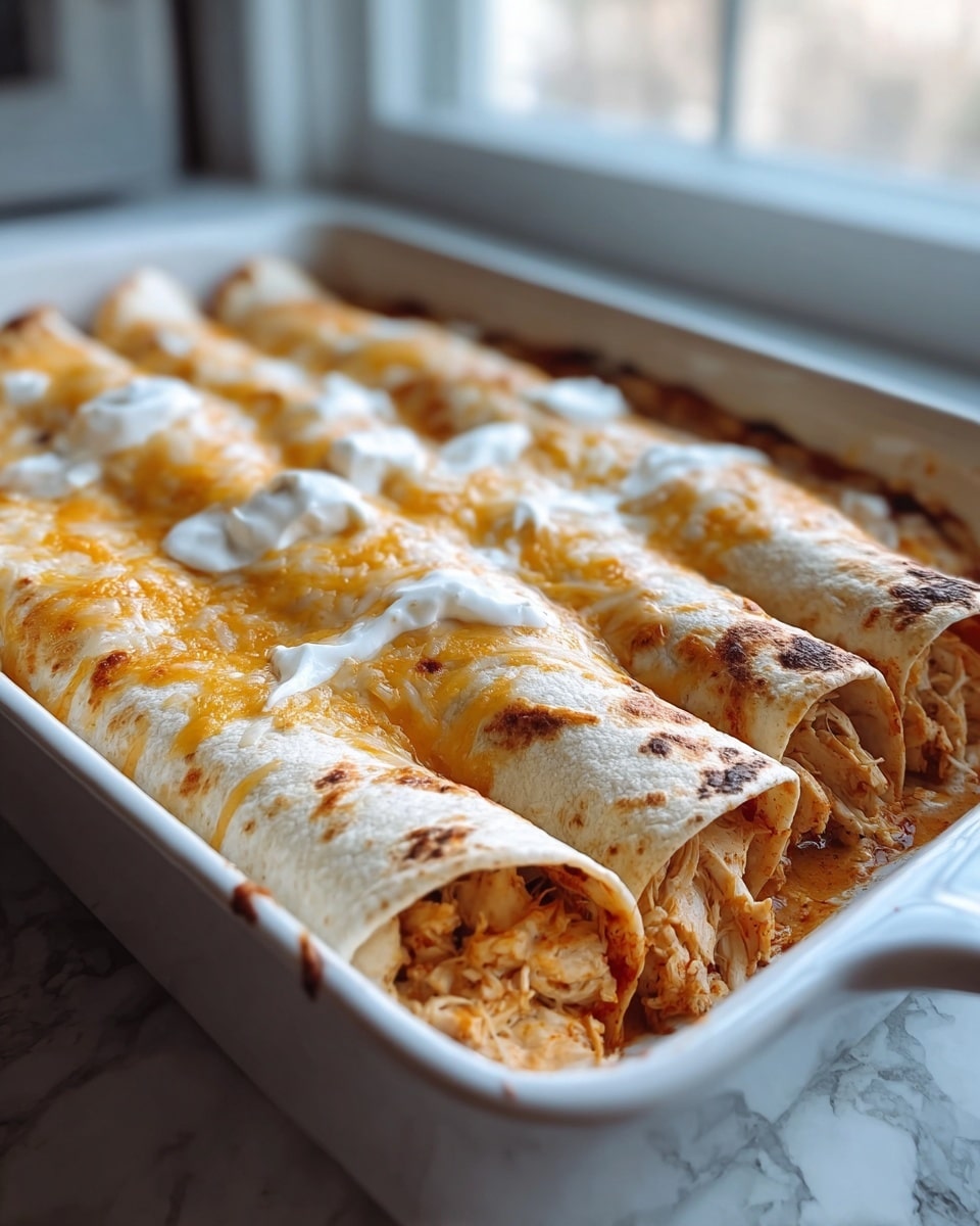 A white long baking dish filled with six rolled tortillas placed side by side, each tortilla showing a slightly toasted golden-brown surface. Inside, there is shredded chicken with a light reddish seasoning visible. The top layer of the tortillas is covered with melted cheese that is a mix of golden yellow and light brown, with dollops of white sour cream spread unevenly across the top. The background is a white marbled surface with soft natural light coming from a window in the distance, creating a warm and inviting look. Photo taken with an iphone --ar 4:5 --v 7