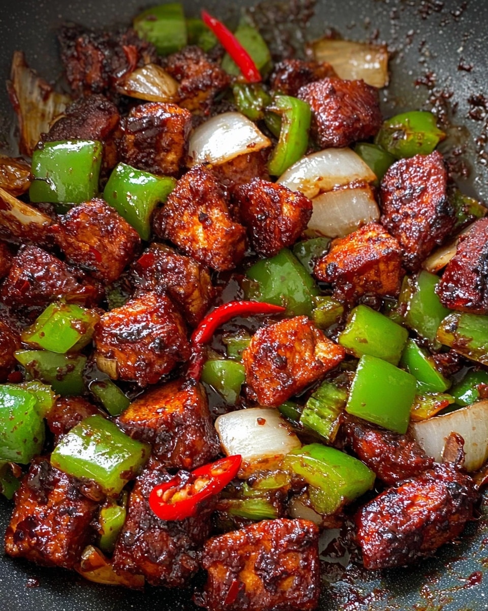 The image shows a close-up of a cooked dish in a pan, with three clear layers of ingredients: deep reddish-brown glazed chicken chunks with a shiny, slightly charred texture piled all around, bright green bell pepper pieces cut into squares scattered throughout, and thick, translucent white onion slices mixed in evenly. Small slices of red chili pepper are also visible, adding small pops of red color. The ingredients look well-cooked with a glossy coating, and the pan they are in has a dark surface with some oil droplets on it. Photo taken with an iphone --ar 4:5 --v 7
