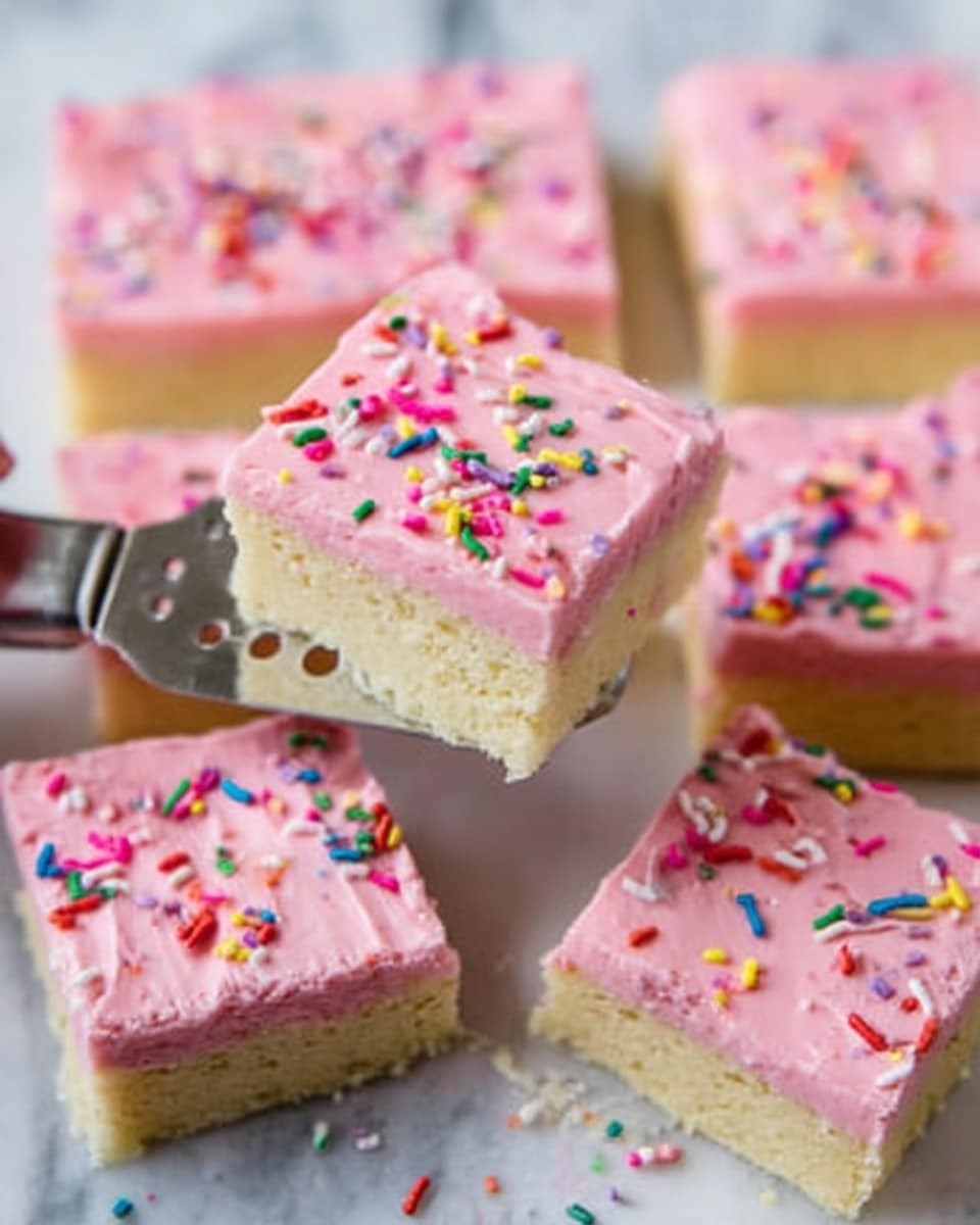 The image shows several square pieces of colorful fudge with a smooth pink frosting layer on top, decorated with small multicolored sprinkles scattered evenly across the surface. Each fudge piece has two layers: the bottom layer is pale yellow with a soft texture, and the top layer is a thick, creamy pink frosting with a light shine and a smooth finish. One fudge square is slightly lifted by a woman's hand holding a metal spatula with cut-out circles, revealing the neat cut edges of the fudge. The fudge pieces are arranged on a white marbled surface. photo taken with an iphone --ar 4:5 --v 7