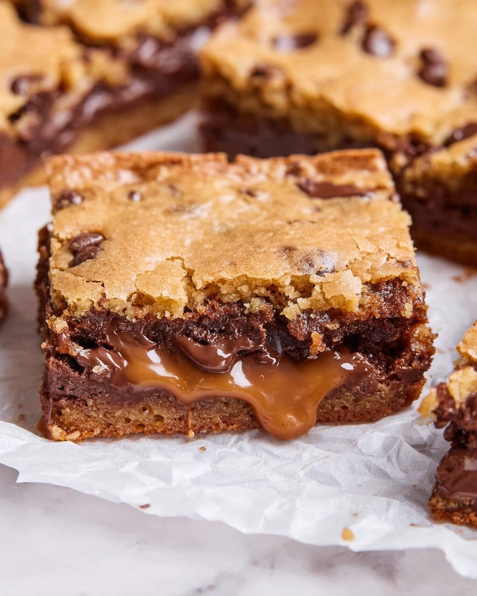 A close-up view of a thick chocolate chip cookie bar with three main layers: the top layer is golden brown and slightly cracked with visible chocolate chips, the middle layer is gooey melted chocolate mixed with caramel, and the bottom layer is a denser, darker brown chocolate cookie base. The bar rests on crumpled white parchment paper over a white marbled surface, showing a soft and rich texture with some melted chocolate oozing out. Photo taken with an iphone --ar 4:5 --v 7