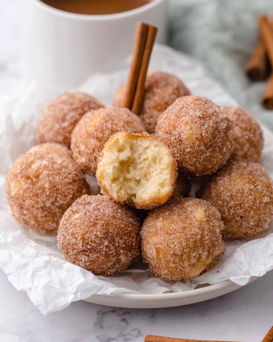 A white plate filled with round doughnut holes coated in a light brown cinnamon sugar layer, each showing a slightly rough texture from the sugar coating. One doughnut hole is bitten into, revealing a soft, pale yellow interior with a fluffy texture. The doughnut holes rest on white crumpled parchment paper, and a brown cinnamon stick stands upright among them. In the background, a white cup filled with a brown drink is softly blurred, all placed on a white marbled surface. photo taken with an iphone --ar 4:5 --v 7
