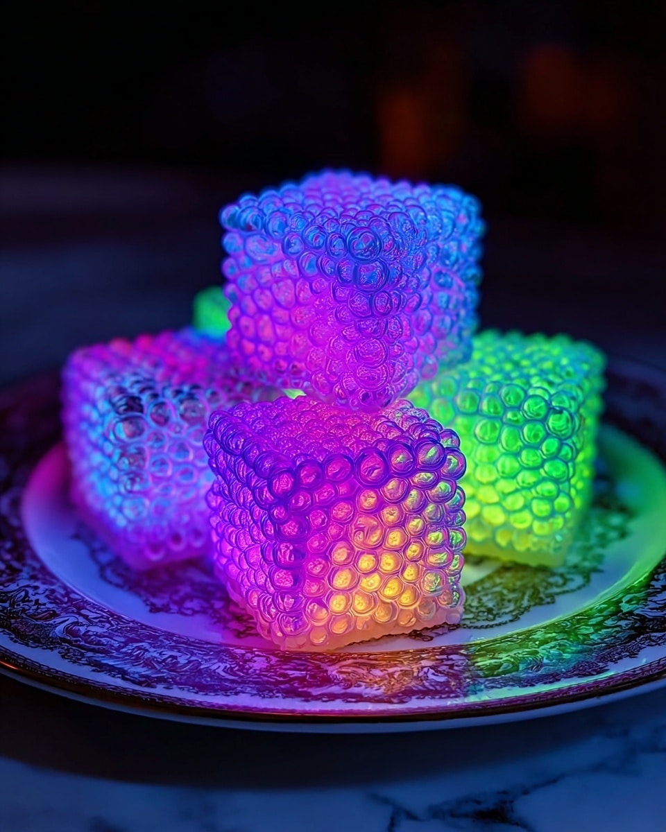 There are five glowing cubes on a white plate, each cube covered in small bubble-like spheres that create a bumpy texture. The cubes shine with bright neon colors that blend from purple and pink at the bottom to green and blue at the top. The plate has a detailed, ornate design that is visible through the colorful lights. The background is dark, making the bright glowing cubes stand out strongly, and the surface under the plate is a white marbled texture. photo taken with an iphone --ar 4:5 --v 7