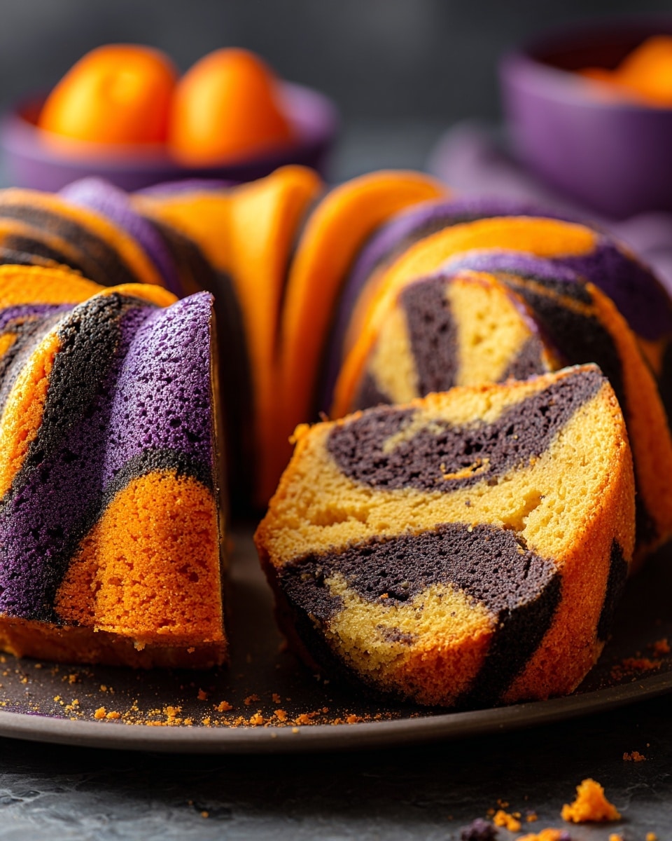 The image shows a sliced bundt cake with three visible layers of color: orange, black, and purple, swirled together in a marbled pattern throughout the cake. The cake is dense with a moist texture, and the colors alternate in curved, organic shapes creating a striking contrast. One slice is cut and placed in the foreground, showing the interior's tight swirl of yellow-orange, deep black, and rich purple fabric-like textures. The cake rests on a dark plate with a few crumbs scattered around it, while the background appears blurred with a purple bowl holding orange items. The surface under the cake is a white marbled texture. photo taken with an iphone --ar 4:5 --v 7