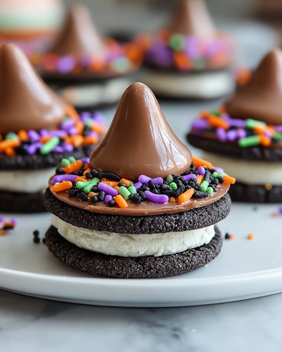A close-up view of a layered chocolate treat sits on a white plate over a white marbled surface. The bottom layer is a dark textured chocolate cookie with a thick white cream filling above it. Next, there is a round piece of milk chocolate with a smooth and shiny texture, topped with colorful sprinkles in orange, purple, green, and black scattered around the edges. At the center of the chocolate piece stands a large milk chocolate kiss with a glossy finish. Similar treats are blurred in the background, creating depth. Photo taken with an iphone --ar 4:5 --v 7