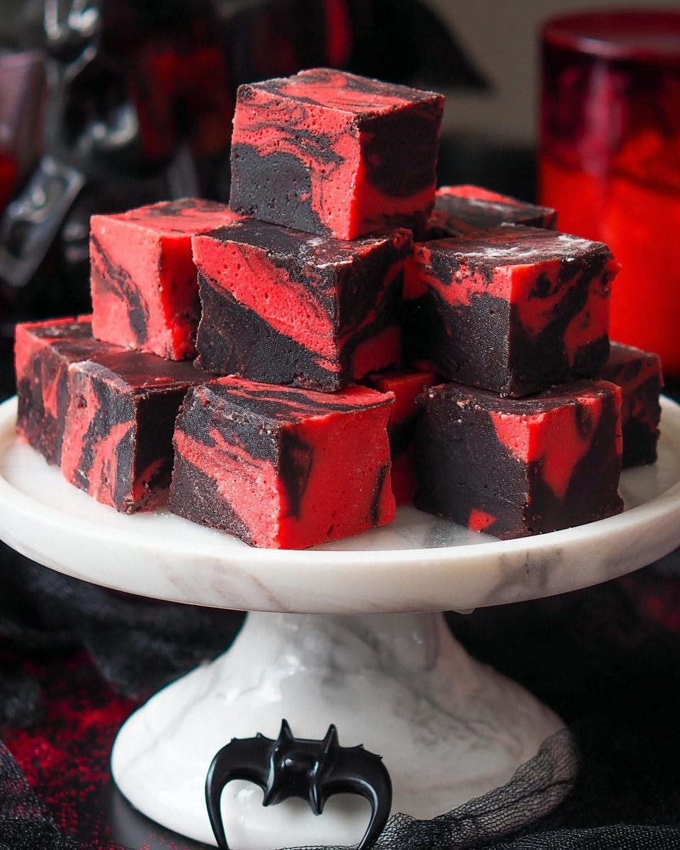 A white cake stand holds a pile of square fudge pieces with two visible layers: a bright red layer above and a black layer below, swirled together with a marbled effect blending the colors unevenly inside each cube. The fudge has a smooth, dense texture with some tiny holes seen on the black parts. On the stand near the fudge is a black plastic vampire fang clip, adding a spooky touch. The background shows a dark setting with some red and black blurred elements, all placed on a white marbled surface. photo taken with an iphone --ar 4:5 --v 7