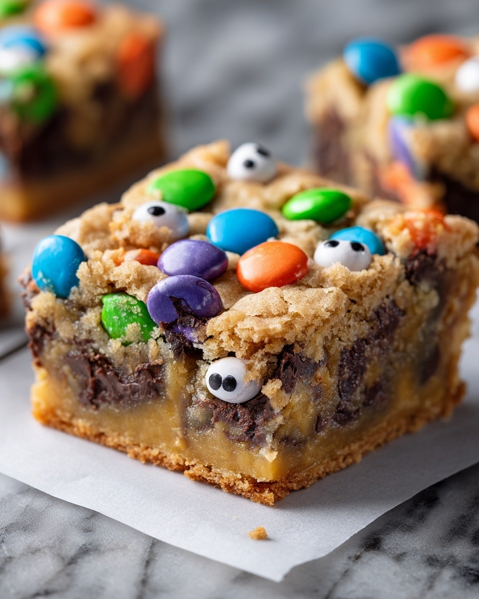 The image shows a close-up of a thick, square dessert bar with three clear layers: a golden brown top layer with a crumbly texture scattered with colorful candy-coated chocolate pieces in blue, green, orange, purple, and white with black pupils resembling eyes; a middle layer that is gooey and chocolate-filled, rich dark brown with melty chunks; and a bottom layer that is golden and slightly crispy. It rests on a piece of white parchment paper placed on a white marbled surface. The bright candy pieces stand out sharply against the sandy cookie dough and melted chocolate beneath, giving the bar a festive and fun look. Photo taken with an iphone --ar 4:5 --v 7