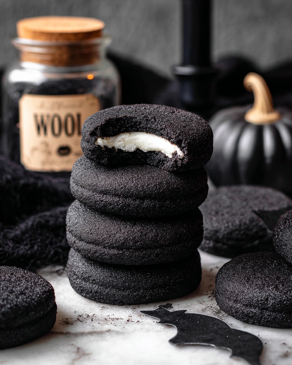 A white plate holds a stack of seven dark black, round cookies, each with a slightly rough texture dusted with fine sugar granules that give a sparkling effect. The cookies are thick and lie flat, slightly overlapping each other, showing a uniform deep black color. Around the plate are small black cutouts in the shape of bats and cats with small white eyes, placed decoratively. Near the plate on a white marbled surface are two small glass bottles with cork lids; one bottle has a label that reads “WOOL OF BAT” with a small bat drawing. The overall setting sits on a black lace cloth, adding a delicate pattern contrast against the white plate and marbled surface. The photo taken with an iphone --ar 4:5 --v 7