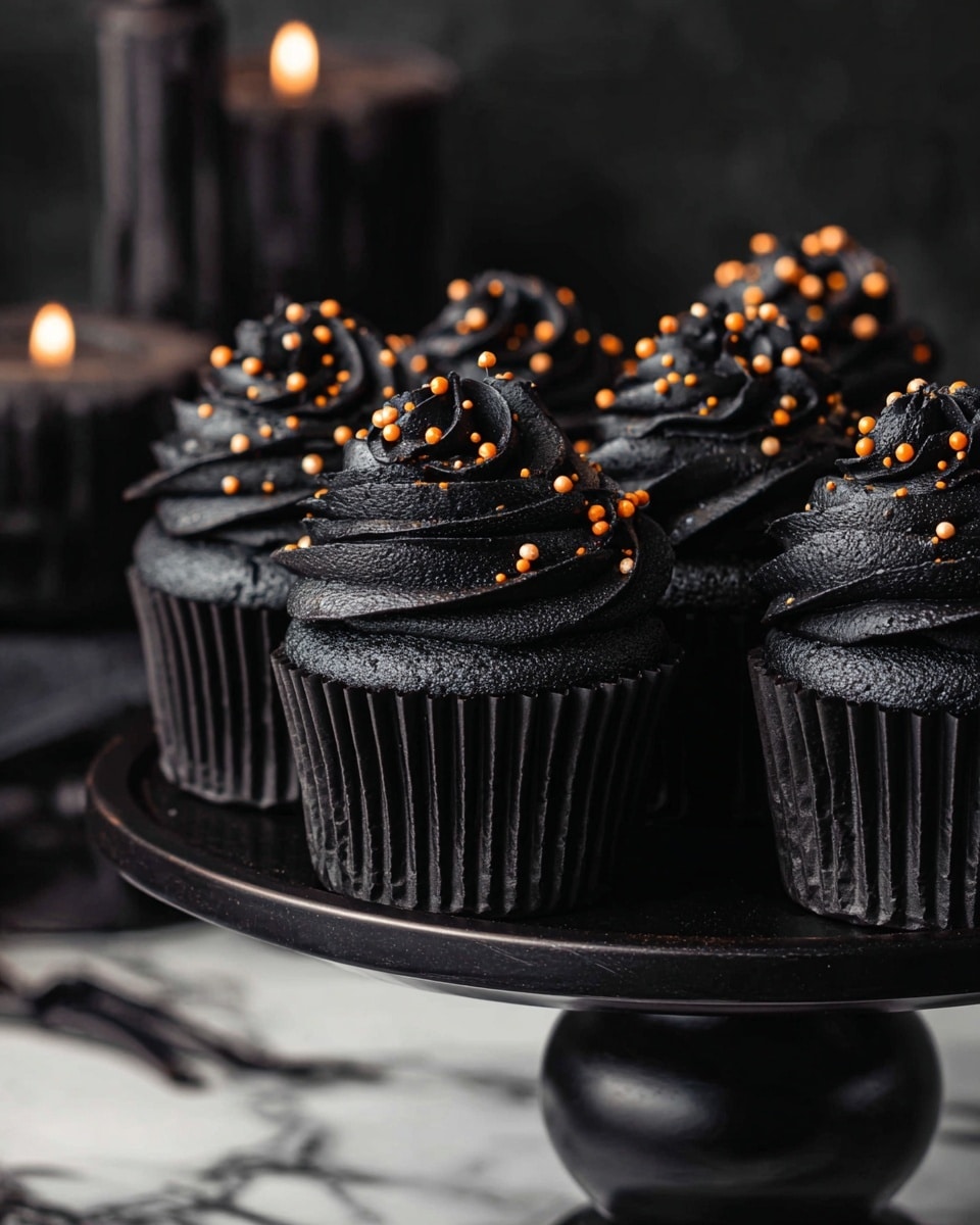 A group of black cupcakes with two layers: the bottom layer is a dark black cake in black ridged paper cups, and the top layer is a thick swirl of smooth black frosting decorated with small orange and white round sprinkles, all placed on a black cake stand and white marbled surface around it. Photo taken with an iphone --ar 4:5 --v 7