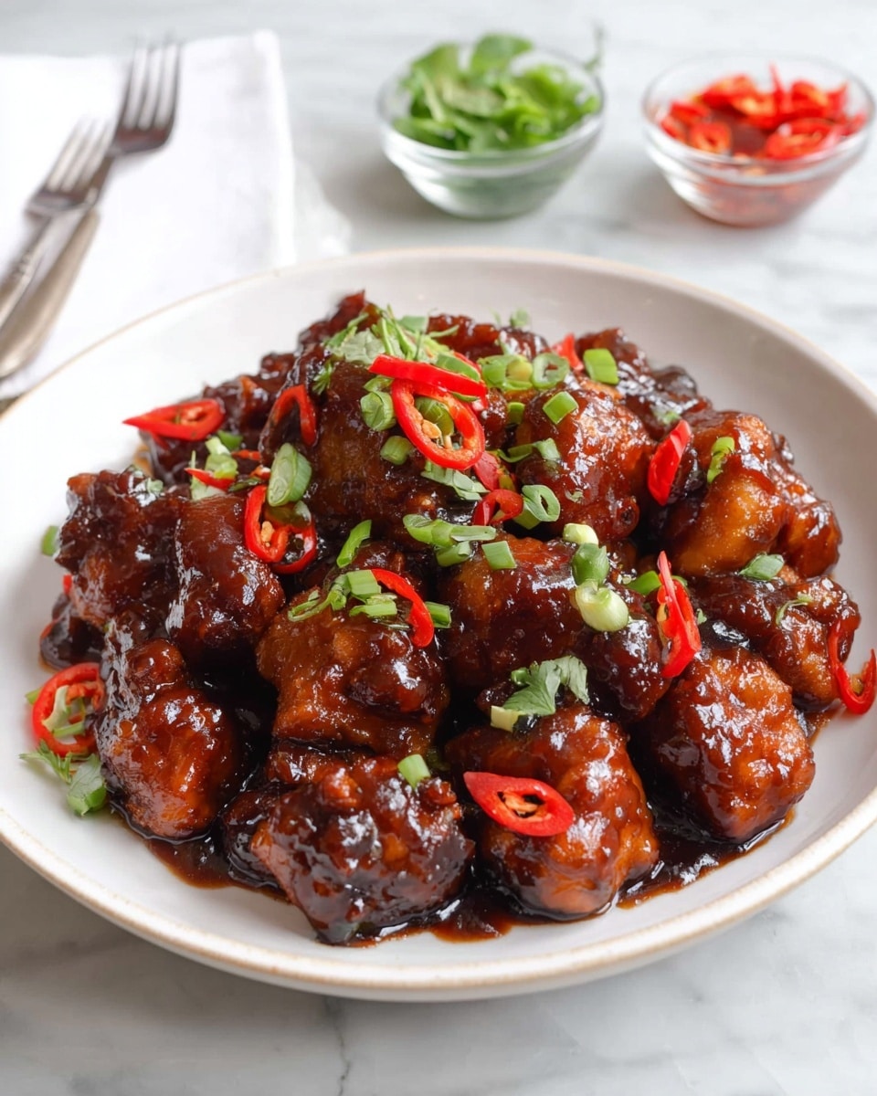A white plate holds a pile of shiny, dark brown glazed chicken pieces coated in a thick sauce. The chicken pieces are uneven in size and layered closely together, with bright red chili slices and small chopped green onions scattered evenly on top and around the dish. In the background, there are two small clear bowls, one with fresh green herbs and the other with red sauce, placed on a white marbled surface. A silver fork lies nearby. Photo taken with an iphone --ar 4:5 --v 7