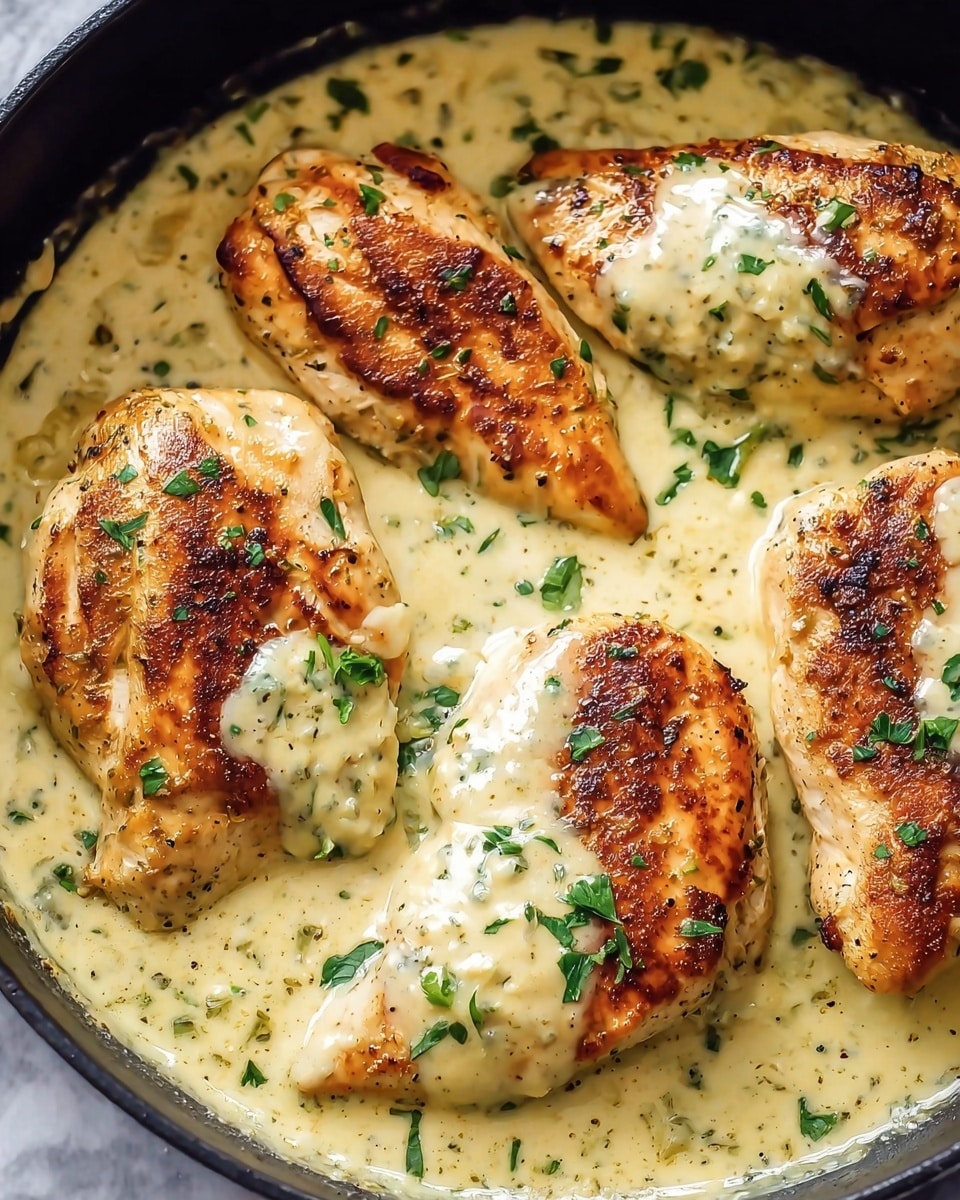 Close-up of grilled chicken breast slices arranged in a white bowl, with a creamy light tan sauce covering and pooling around the chicken. The chicken has a golden-brown grilled texture on the outside, showing a moist white interior inside the lifted slice held by a spoon. Small green herb pieces are sprinkled on top, adding color contrast. The background is a white marbled surface. photo taken with an iphone --ar 4:5 --v 7