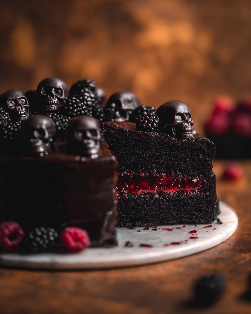 A slice of dark chocolate cake with two thick layers of moist, almost black cake separated by a shiny, dark red berry filling sits on a white plate with a silver fork beside it. The cake is covered in a rich dark chocolate frosting with a glossy finish, crowned by a small chocolate skull on top. Scattered pink petals decorate the plate around the cake. The background has a warm, dim light with a white marbled surface beneath the plate. photo taken with an iphone --ar 4:5 --v 7