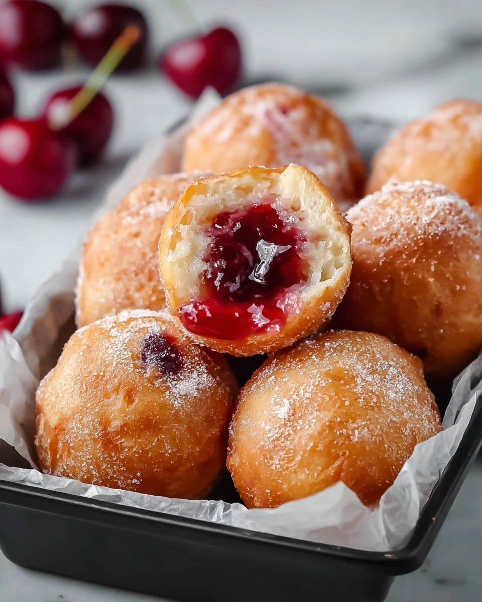 The image shows a close-up of several round, golden-brown fried dough balls with a light dusting of powdered sugar, arranged in a black tray lined with white parchment paper. One dough ball is cut open and placed on top, revealing a thick, glossy, deep red fruit jam filling inside. In the background, fresh dark red cherries are slightly out of focus, hinting at the jam flavor. The whole scene is set on a white marbled surface. photo taken with an iphone --ar 4:5 --v 7