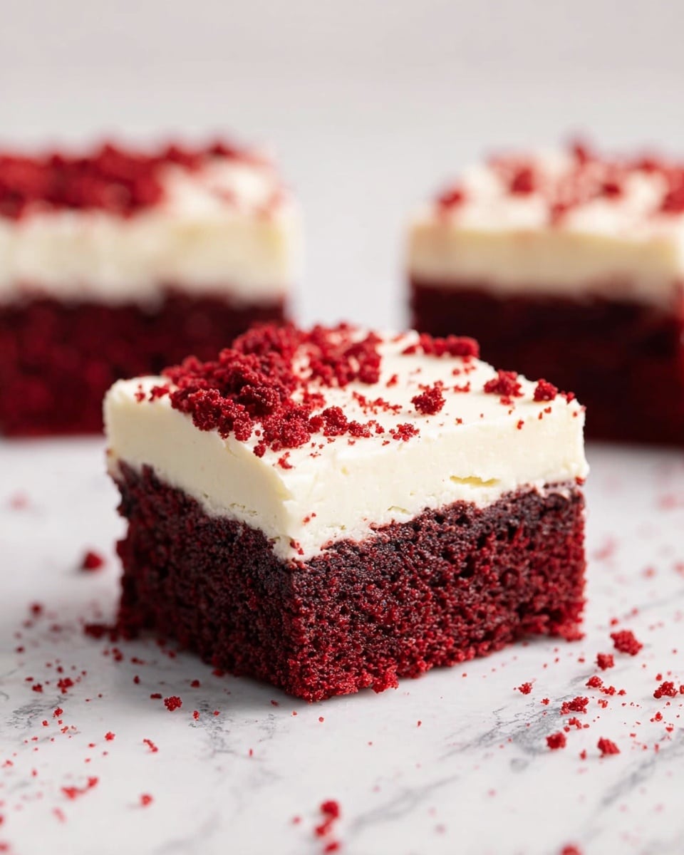 A close-up of a square slice of red velvet cake with two layers: the bottom layer is dark red and dense with a soft, crumbly texture, while the top layer is thick and smooth cream cheese frosting, white in color, sprinkled with some red velvet crumbs on top; the slice sits on a white marbled surface with scattered red crumbs around it, and two more blurred cake slices are visible in the background. photo taken with an iphone --ar 4:5 --v 7