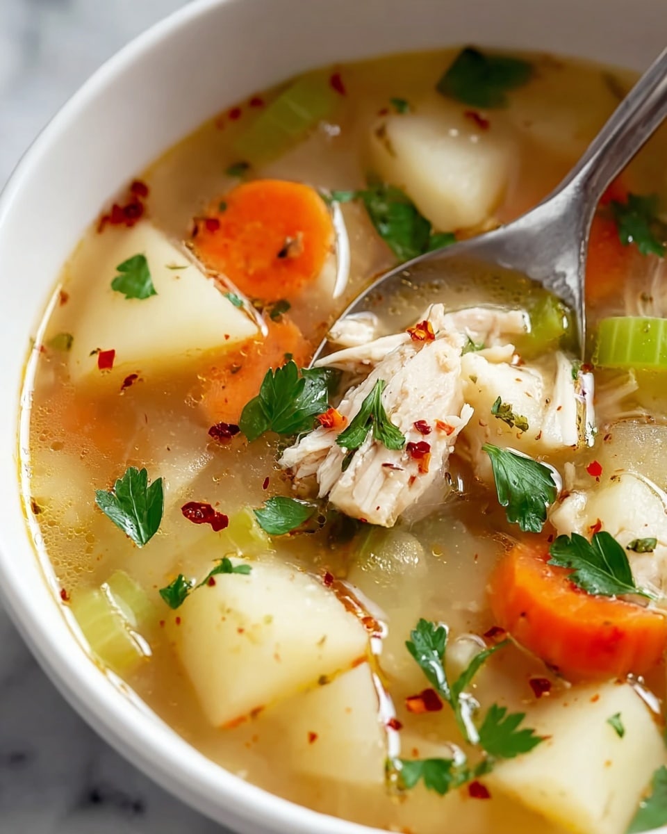 A close-up view of a bowl of chicken soup showing several layers: the base is a clear, light golden broth with small red chili flakes floating inside, filled with chunky pieces of white potato cubes and shredded white chicken meat on a silver spoon in the center. Orange carrot slices and light green celery pieces add bright color throughout, with fresh green parsley leaves scattered on top, all inside a white bowl. The background is a white marbled texture. Photo taken with an iphone --ar 4:5 --v 7