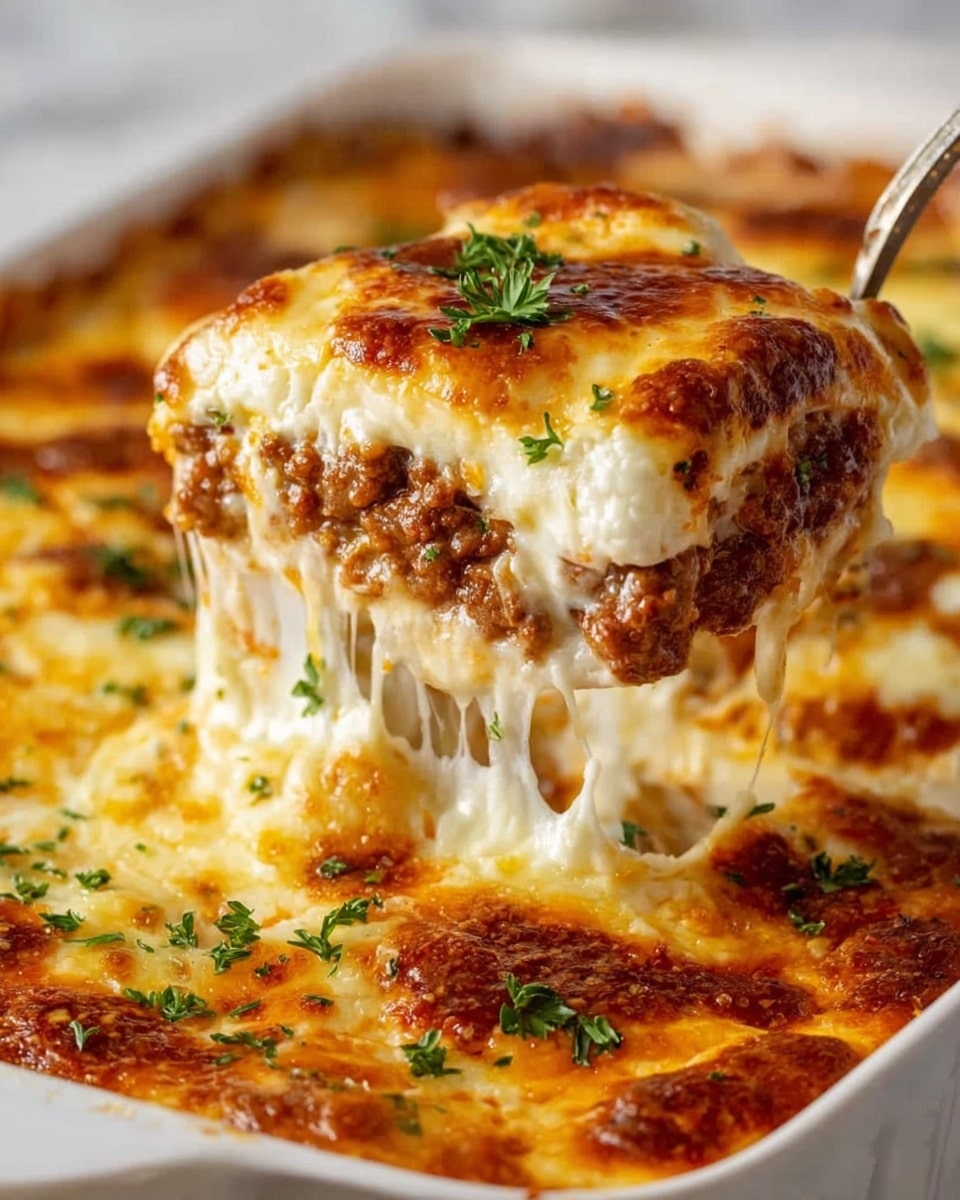 The image shows a white baking dish filled with a cheesy layered casserole. The top layer is golden-brown melted cheese with some green parsley bits sprinkled on it. Below the cheese, there is a thick layer of ground meat in a rich brown color. Under the meat, stringy white melted cheese is visible, stretching as a spoon lifts a scoop from the dish. The white marbled surface forms the background. Photo taken with an iphone --ar 4:5 --v 7