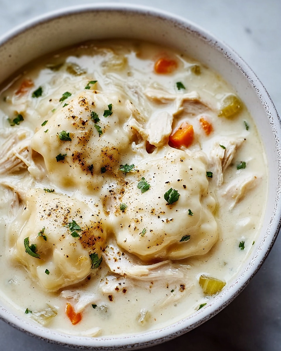 A white bowl filled with creamy chicken and dumplings soup sits on a white marbled surface. The dish has three main layers: a thick, creamy white broth base with visible small pieces of orange carrot and light green celery, generous chunks of tender white chicken meat scattered throughout, and three large, soft dumplings on top, which are slightly golden with a light dusting of black pepper and small green herb pieces. The surface of the soup looks smooth and rich, and the edges of the bowl have a subtle speckled texture. photo taken with an iphone --ar 4:5 --v 7