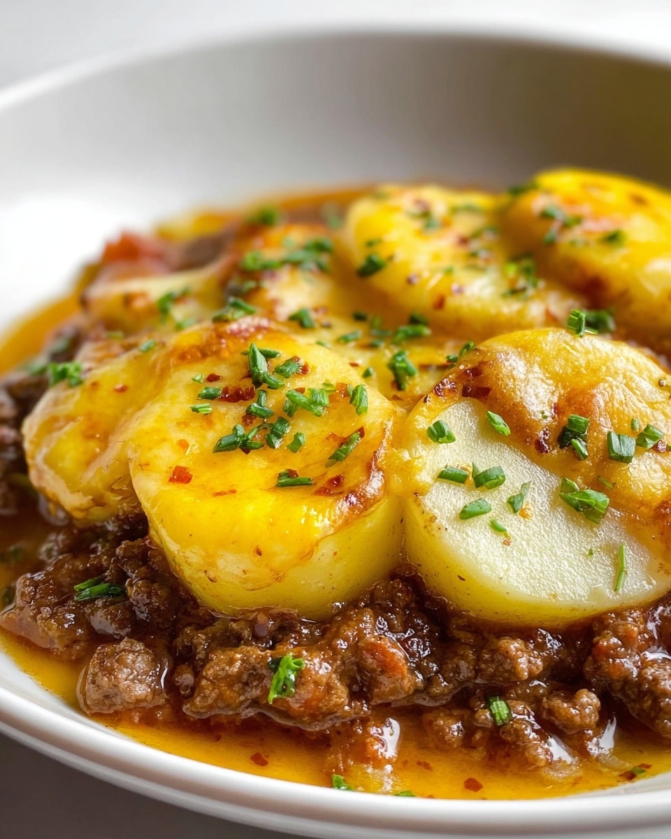 A close-up view of a dish in a white bowl showing three main layers: the bottom layer is a rich brown ground meat sauce with visible small chunks, the middle layer consists of thick slices of soft yellow potatoes, and the top layer is melted golden yellow cheese that covers the potatoes and meat unevenly. The surface is garnished with small chopped green herbs scattered around, adding a fresh touch. The sauce has a slightly glossy texture and pools around the edges of the potatoes, giving the dish a hearty look. Photo taken with an iphone --ar 4:5 --v 7