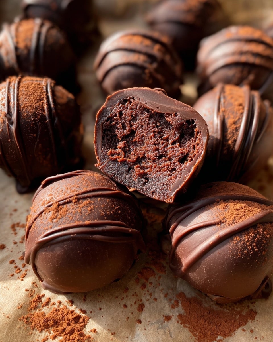 The image shows several round chocolate truffles with a smooth, dark brown chocolate outer shell, each decorated with thin, darker chocolate drizzle lines on top. One truffle in the center is bitten, revealing a dense, rich, and moist chocolate cake layer inside, with a slightly crumbly texture. The truffles rest closely together on a parchment paper-lined surface with cocoa powder dusting visible on some. The lighting highlights the shiny surface of the chocolate shell and the moist texture inside, creating a warm and inviting look. photo taken with an iphone --ar 4:5 --v 7