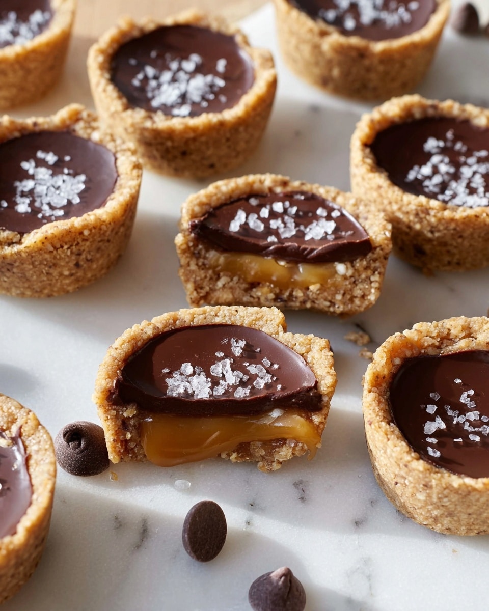 The image shows several small round treats on a white marbled surface, each having three clear layers: the outside layer is a crumbly light brown nutty crust forming a thick border; inside, a golden caramel filling sits beneath a smooth, dark brown chocolate topping that shines slightly in the light. Some treats are topped with small flakes of sea salt, adding texture to the chocolate. One treat is cut in half, revealing the thick caramel layer beneath the chocolate and inside the crust. Small chocolate chips are scattered around the treats for decoration. The photo taken with an iphone --ar 4:5 --v 7