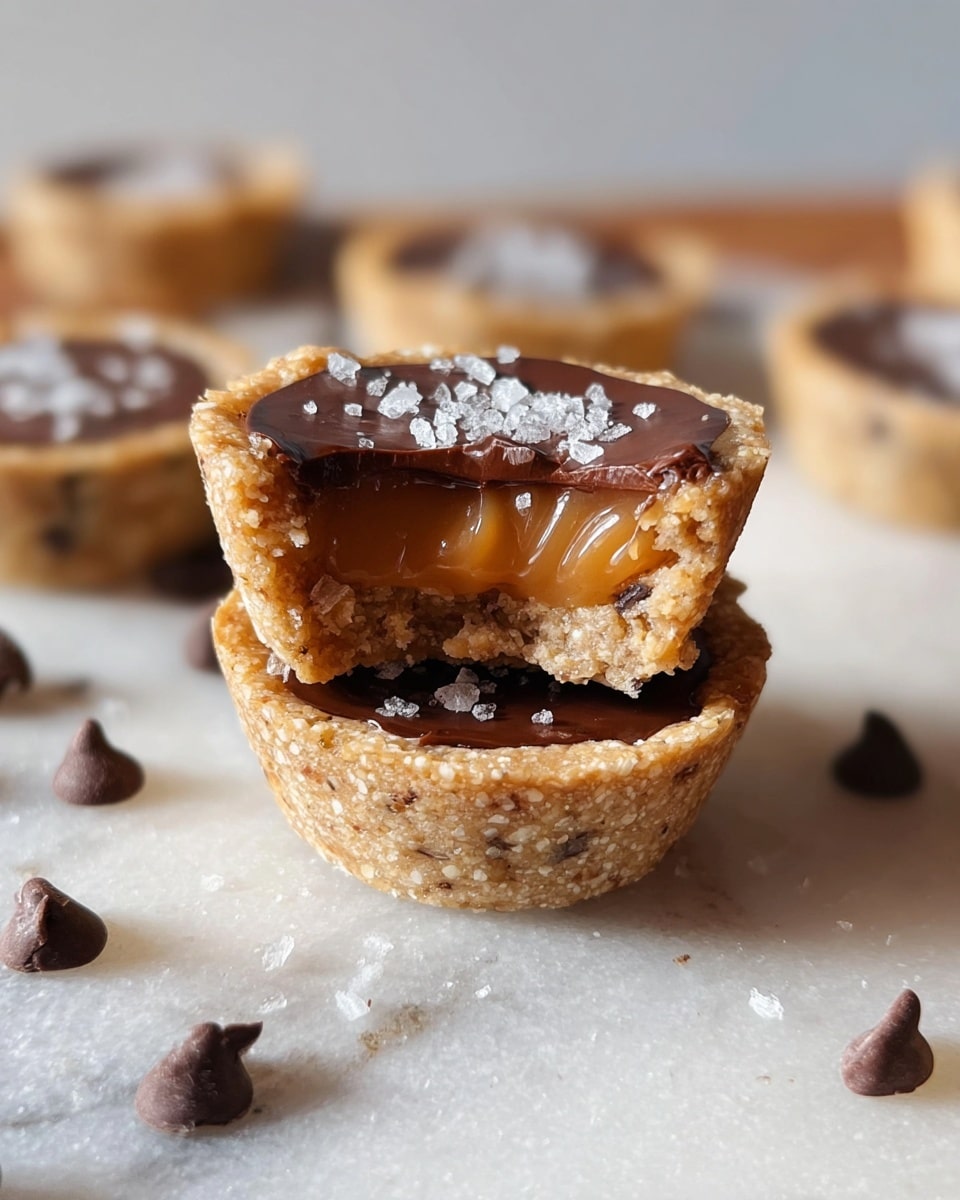 Two small round tartlets are stacked on a white marbled surface, with the top tartlet bitten into, showing three layers: a light brown crumbly crust, a middle layer of smooth caramel-colored filling, and a dark shiny chocolate layer on top sprinkled lightly with coarse salt. The crust looks grainy and textured, while the caramel filling is gooey and soft beneath the chocolate. Around the tartlets, some chocolate chips and coarse salt crystals scatter across the white marbled surface. In the background, more tartlets are softly blurred. Photo taken with an iphone --ar 4:5 --v 7