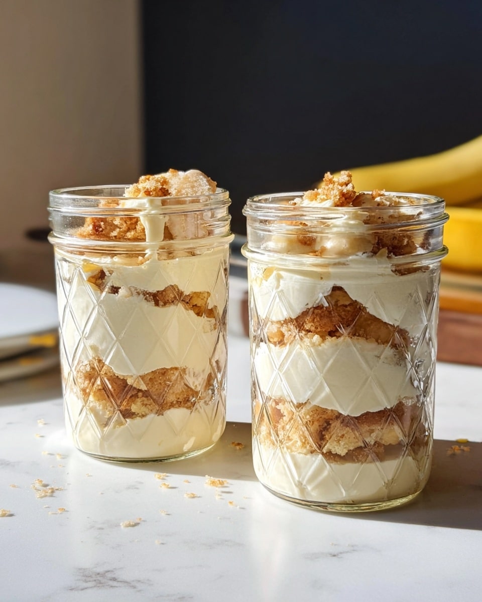 Two clear glass jars filled with a layered dessert are placed side by side on a white marbled surface. Each jar has three visible layers: the bottom layer is a smooth, creamy white mixture, followed by a middle layer of irregular light brown cake pieces, and topped with a layer of mixed cream and more cake crumbs. The jars have a diamond pattern etched into the glass, and soft natural light highlights the textures. In the background, there is a blurred dark and white wall, with a yellow banana partly visible. photo taken with an iphone --ar 4:5 --v 7
