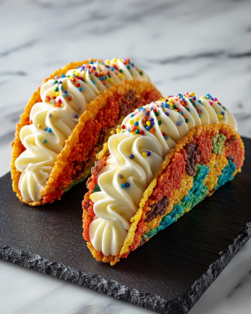 Two colorful taco-shaped desserts sit side by side on a black slate plate. Each taco shell is made from a crispy, multicolored cereal mixture with red, orange, yellow, green, and blue pieces, giving it a rough texture and bright look. Inside, there is a thick, smooth layer of white cream filling that is piped in neat curves, almost like soft whipped frosting. The tops of the cream are sprinkled with small round candy sprinkles matching the vibrant colors of the shell. The scene is set on a white marbled surface. photo taken with an iphone --ar 4:5 --v 7