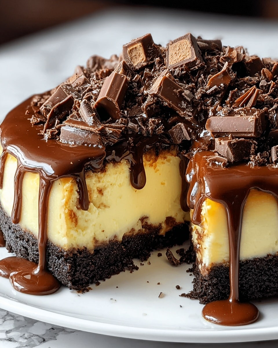 A rich cheesecake with three clear layers: the bottom layer is a dark, crumbly chocolate crust, the middle layer is thick and creamy pale yellow cheesecake, and the top layer is smooth, glossy chocolate sauce dripping down the sides. On top, there are many chunks and curls of dark chocolate piled in the center, adding texture. The cake is on a white plate, placed on a white marbled surface, with the chocolate sauce forming a small pool around the base. photo taken with an iphone --ar 4:5 --v 7