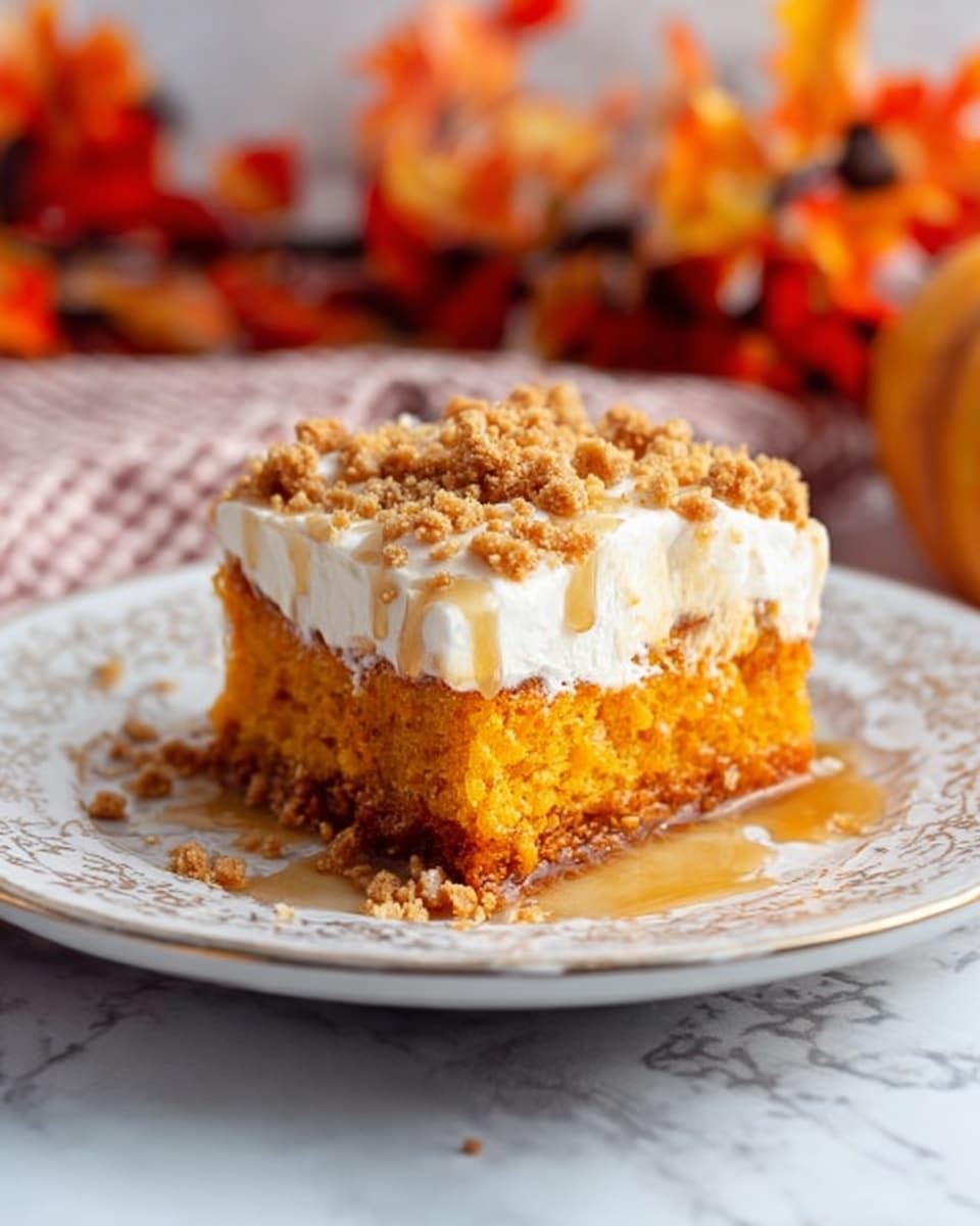 A square piece of orange cake with a moist texture sits in the center of a white plate with delicate patterns. The cake has three visible layers: the thick and soft orange base, a smooth white cream layer on top, and small crunchy light brown bits sprinkled over the cream and around the plate. A light brown syrup is drizzled over the cake, pooling slightly at the edges. The background shows a white marbled surface with fall-themed decorations blurred softly. photo taken with an iphone --ar 4:5 --v 7