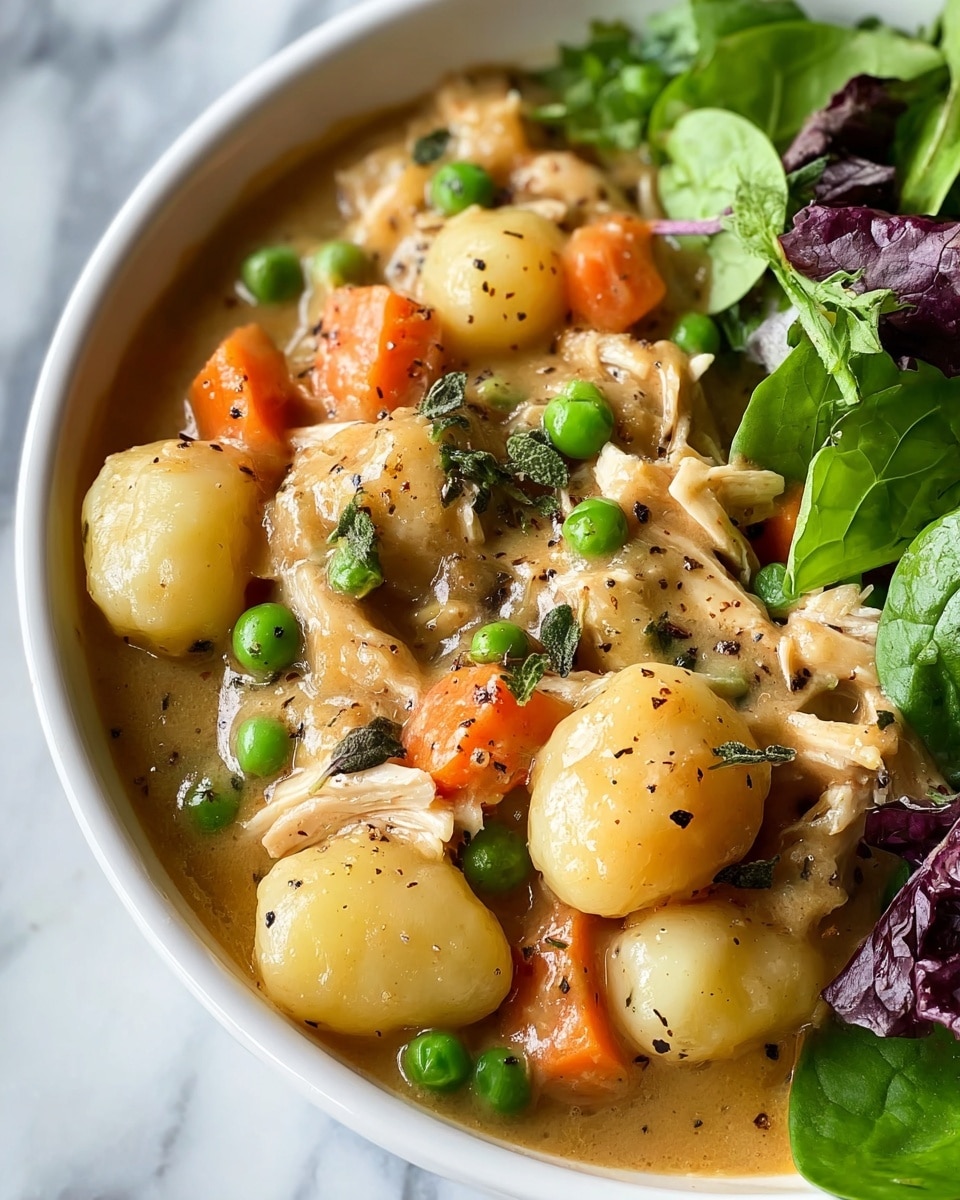 A close-up of a white bowl filled with a thick stew showing three main layers: the bottom layer has a light brown gravy with a glossy texture, the middle layer contains small round potato gnocchi in creamy yellow, bright green peas, bright orange carrot slices, and pieces of shredded white chicken, and the top layer has seasoning with small bits of dark green herbs and black pepper flakes scattered evenly. On the right side of the bowl, there are fresh green spinach leaves and a few purple lettuce leaves, adding a fresh contrast. The bowl sits on a white marbled surface. photo taken with an iphone --ar 4:5 --v 7