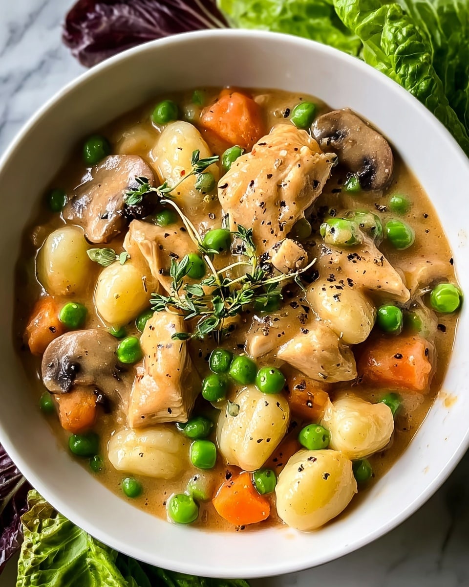 A close-up view of a white bowl filled with a thick stew containing several layers: the base is a light brown creamy sauce mixed with plump white gnocchi, bright green peas, orange carrot slices, and slices of brown mushrooms; chunks of light tan chicken sit on top, garnished with small sprigs of green herbs and a sprinkle of coarse black pepper. The bowl is placed on a white marbled surface with fresh green and purple lettuce leaves arranged around it. photo taken with an iphone --ar 4:5 --v 7