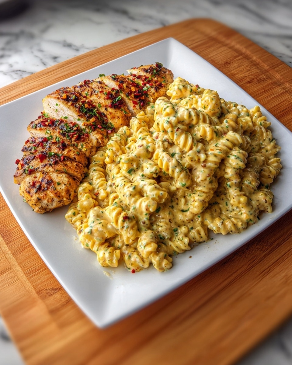 The dish shows a white square plate placed on a wooden board with a white marbled surface underneath. On the plate, there are two main parts: on the left, sliced grilled chicken breast with a golden-brown char and specks of green herbs and red chili flakes on top. On the right, a generous serving of creamy rotini pasta, coated in a thick, pale yellow sauce with visible green herbs and red chili bits mixed throughout, creating a textured, rich look. The chicken slices lean slightly over the pasta, making the dish look full and inviting. Photo taken with an iphone --ar 4:5 --v 7