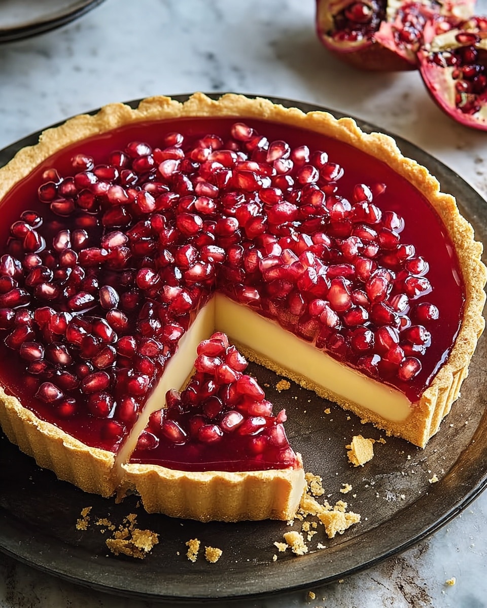 A pomegranate tart with a golden-brown crust forms the base layer, holding a smooth, pale yellow custard layer inside. The top layer is a glossy, deep red jelly filled generously with shiny, plump pomegranate seeds, covering the surface except for a missing slice at the front right. The tart sits on a dark, round metal tray, with some crumbs scattered nearby, all placed on a white marbled textured surface with a cut pomegranate nearby. Photo taken with an iphone --ar 4:5 --v 7