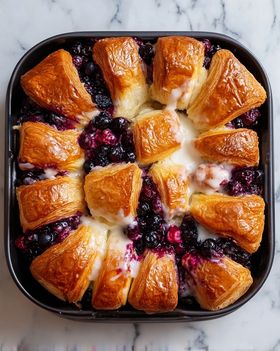 The image shows a close-up top view of a baked dessert in a square black pan, set on a white marbled surface. The dessert has multiple pieces of golden-brown croissant dough arranged in a circular pattern, with soft, flaky layers and a shiny glaze. Between and under the croissant pieces, there is a mix of dark purple and blue berries, with a juicy, glossy texture spilling out gently. Some white cream or icing is visible, adding contrast to the rich colors. The overall look is warm, fresh, and inviting, with a slight shine from the glaze and the juicy berries. photo taken with an iphone --ar 4:5 --v 7