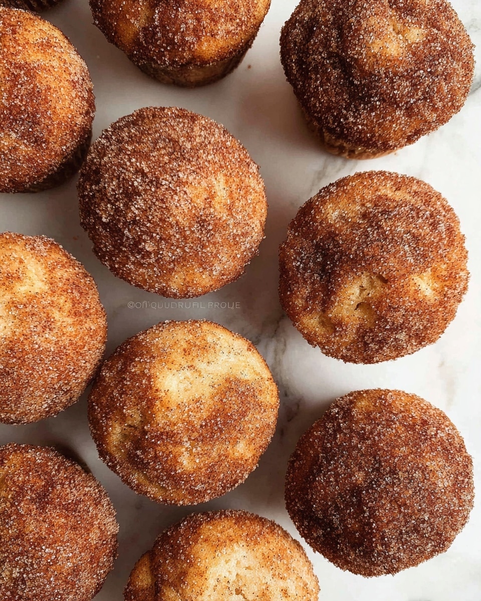 A group of round muffins closely placed on a white marbled surface, each covered entirely with a rough layer of sugar and cinnamon crystals giving a sparkly brown and golden texture; the muffins have slightly uneven tops with light and darker patches of the cinnamon sugar mix, creating a rustic and cozy look. photo taken with an iphone --ar 4:5 --v 7