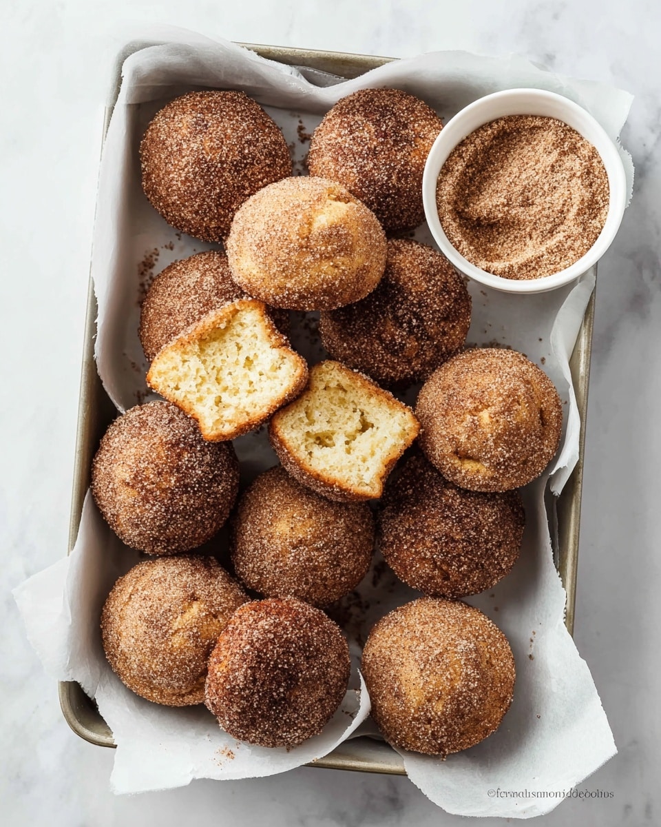The image shows a white baking tray lined with white parchment paper, filled with twelve small, round muffins coated in a layer of cinnamon sugar, giving them a rough, grainy texture in shades of brown and light tan. Two muffins are cut in half, showing a soft, light yellow, fluffy inside with a slightly crumbly texture. In the middle right of the tray is a small white dish filled with the same cinnamon sugar mixture seen on the muffins. The tray is placed on a white marbled surface, creating a clean and bright background. Photo taken with an iphone --ar 4:5 --v 7