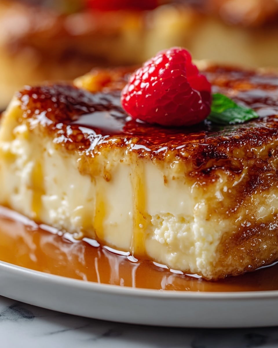 A close-up of a rich dessert showing three main layers: the bottom layer is thick, smooth, and cream-colored with visible vanilla bean specks, the middle layer is a glossy, golden-brown caramelized crust with an uneven, slightly crunchy texture, and the top layer has a shiny caramel sauce dripping over the edges. A small bright red raspberry with a green leaf sits on top, adding a fresh pop of color. The dessert is on a white plate placed on a white marbled surface. photo taken with an iphone --ar 4:5 --v 7