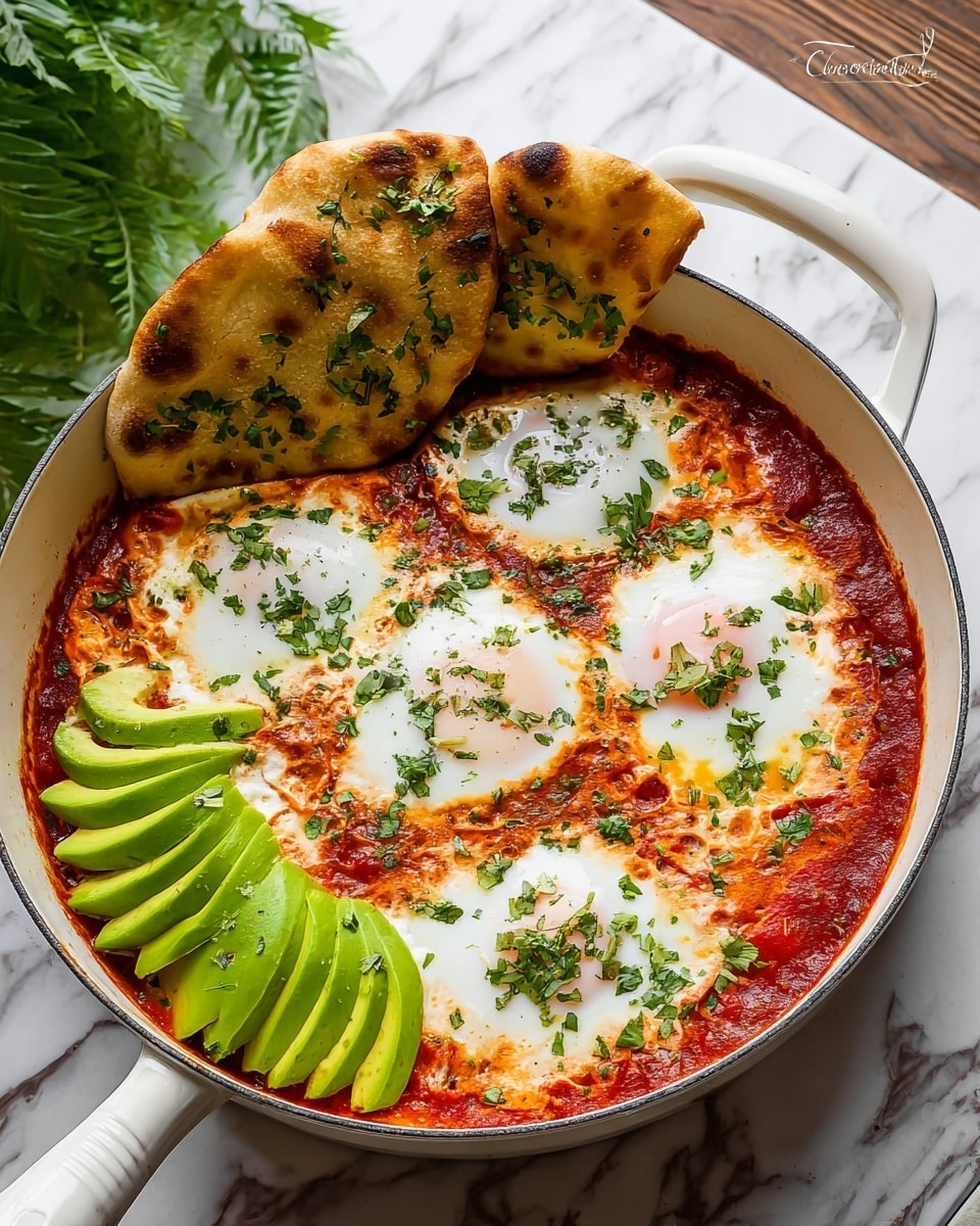 A white pan holds a dish with four main layers: the bottom layer is a rich red tomato sauce, topped by four white eggs with slightly runny yolks, scattered with green chopped herbs. Three pieces of golden brown naan bread, sprinkled with green herbs, stand upright on one edge of the pan. On top of the eggs and sauce, there are three sets of sliced green avocado arranged neatly in small stacks, adding a fresh touch to the vibrant colors. The pan is set on a white marbled surface with green leaves in the background. Photo taken with an iphone --ar 4:5 --v 7